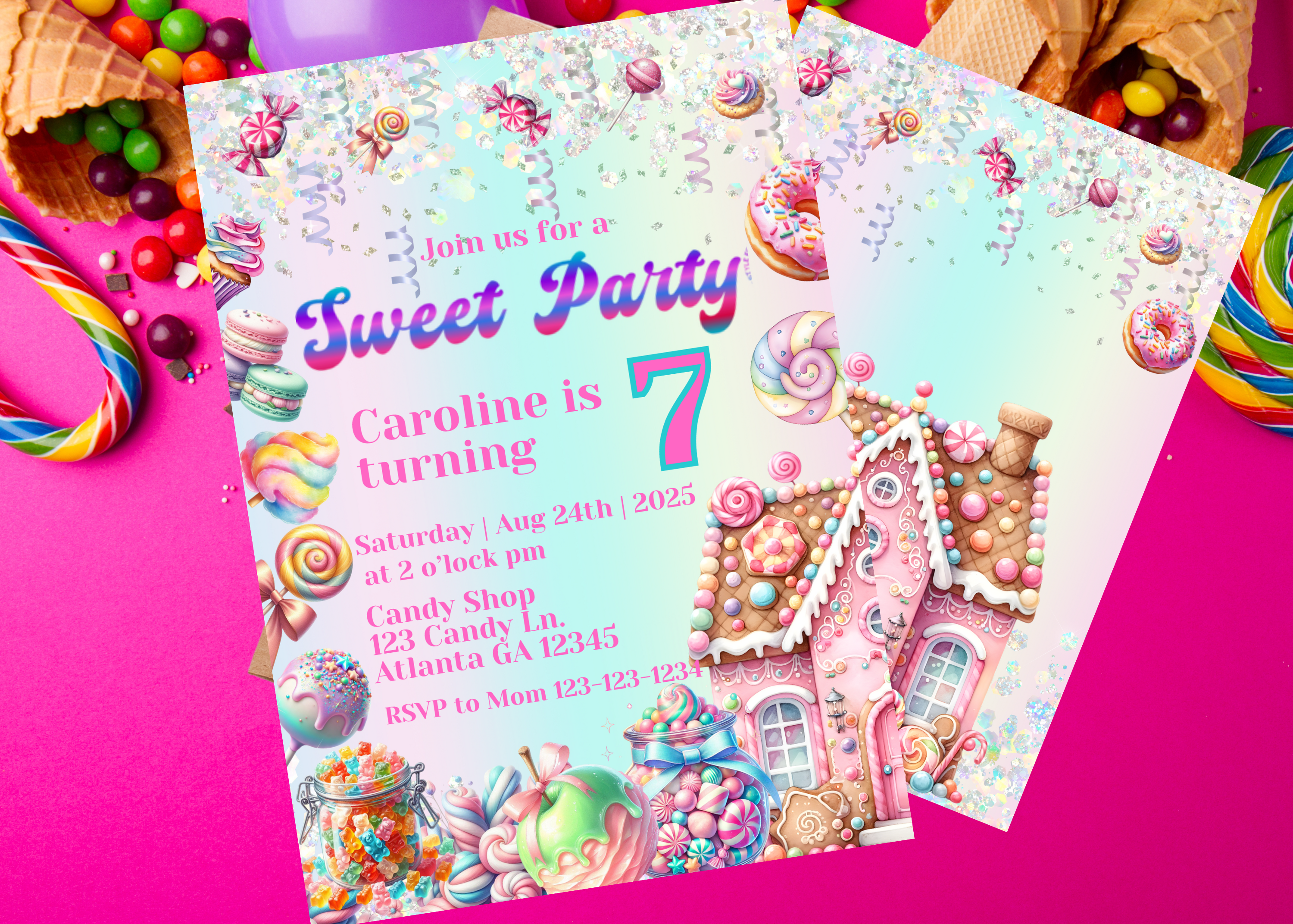 Candy Land Birthday Invitation, Sweet Party Editable Invite, Candy Theme Birthday Girl, Pink Candy House Decor, Canva Template