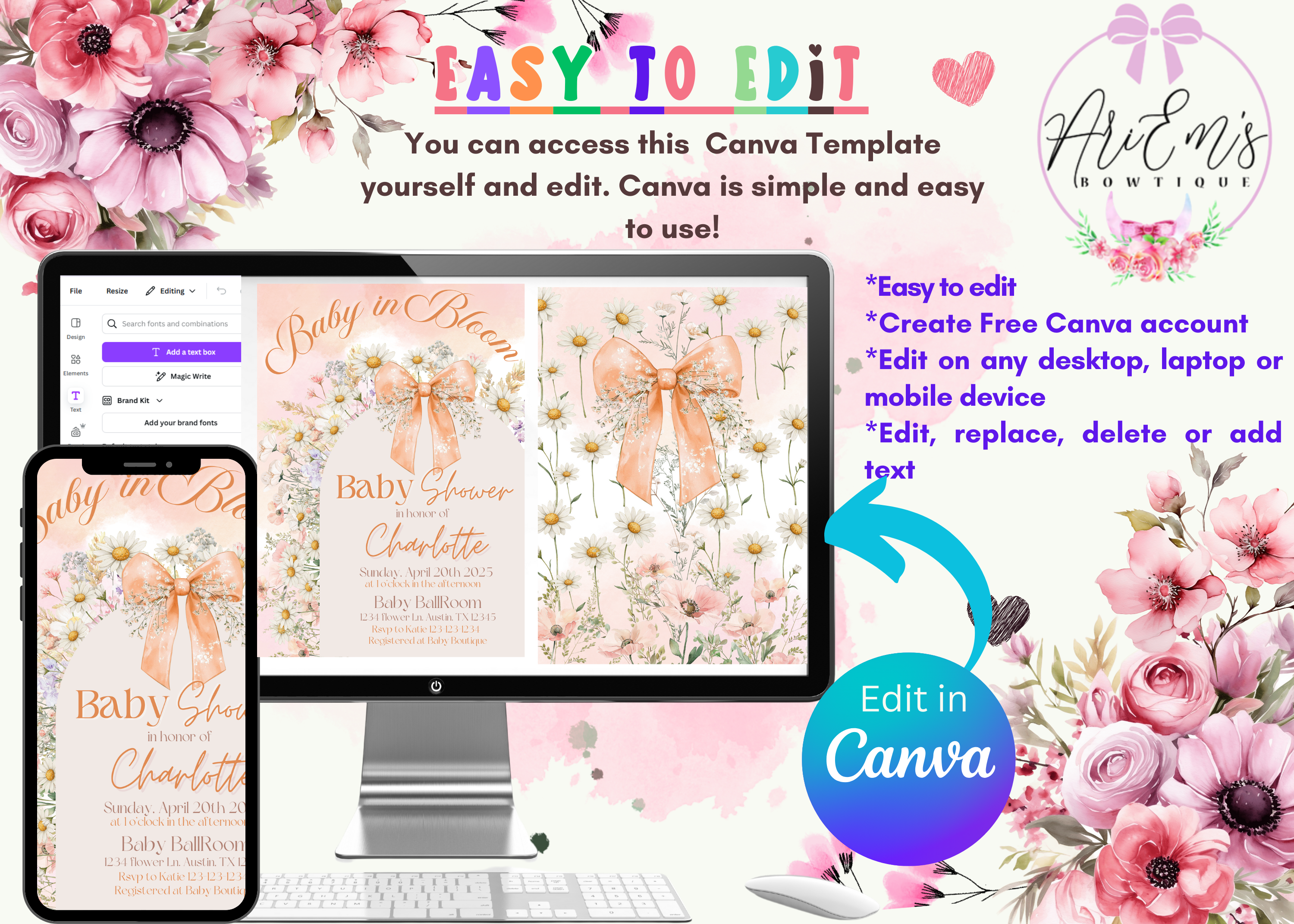 Peach Bow Baby in Bloom Baby Shower Invitation, Floral Design, Celebrate New Arrival, Customized Printable Invite