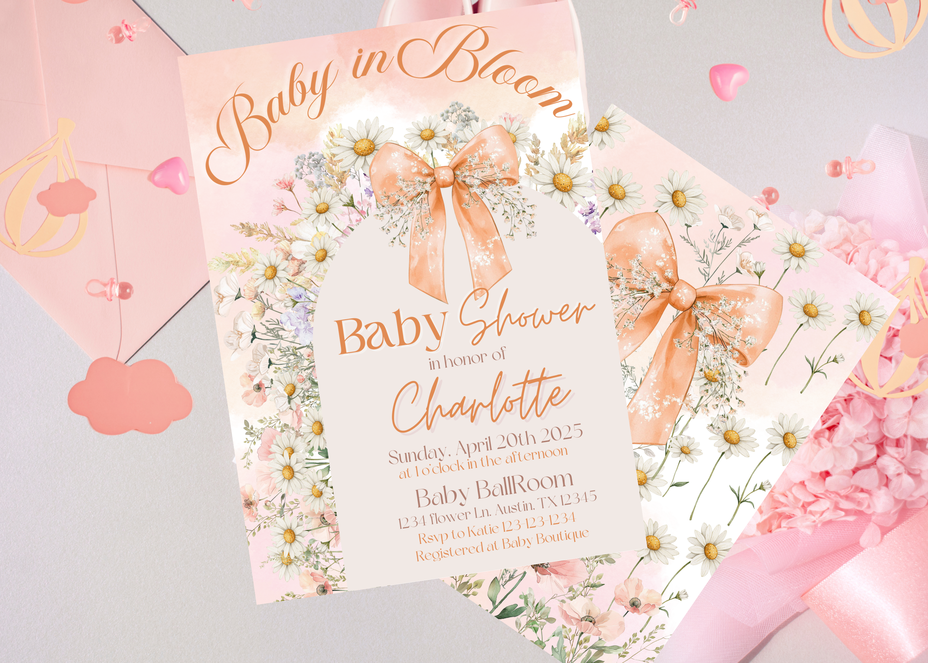 Peach Bow Baby in Bloom Baby Shower Invitation, Floral Design, Celebrate New Arrival, Customized Printable Invite