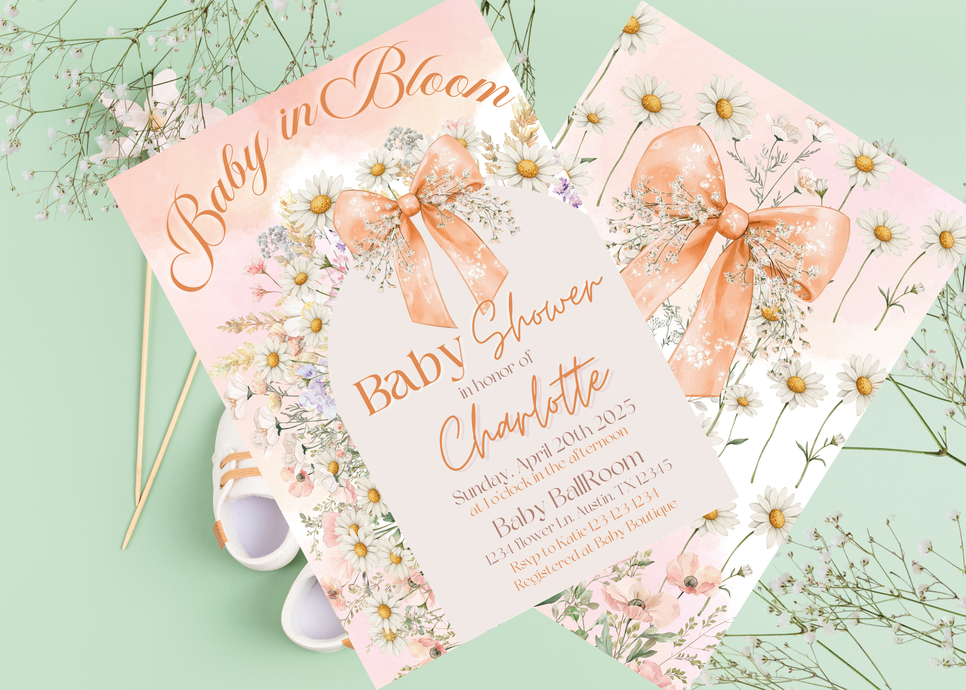 Peach Bow Baby in Bloom Baby Shower Invitation, Floral Design, Celebrate New Arrival, Customized Printable Invite
