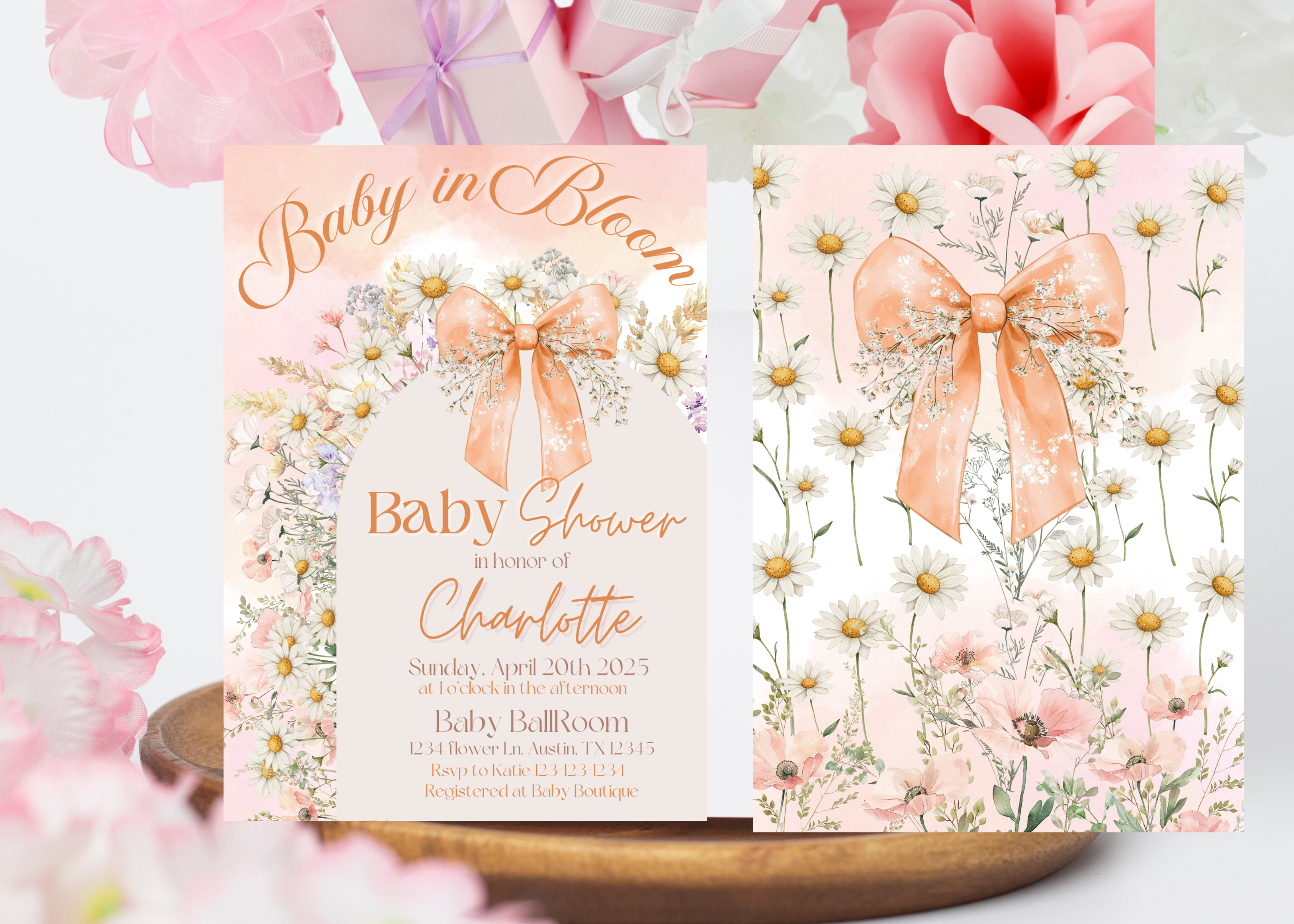 Peach Bow Baby in Bloom Baby Shower Invitation, Floral Design, Celebrate New Arrival, Customized Printable Invite