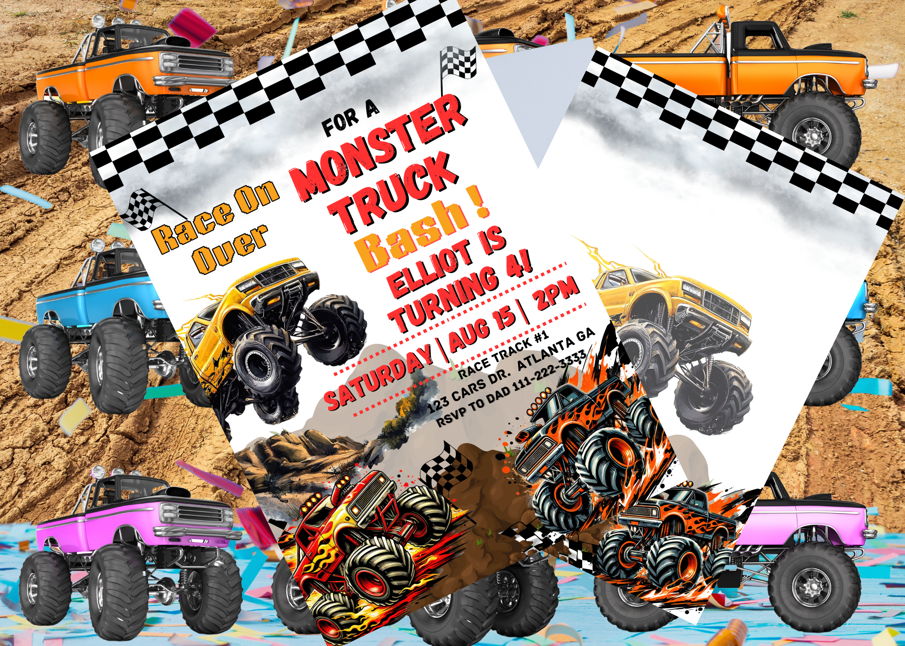 Monster Truck Birthday Invitation | Editable Canva Template | Digital Download | Boys Birthday Invite | 2-Page Design