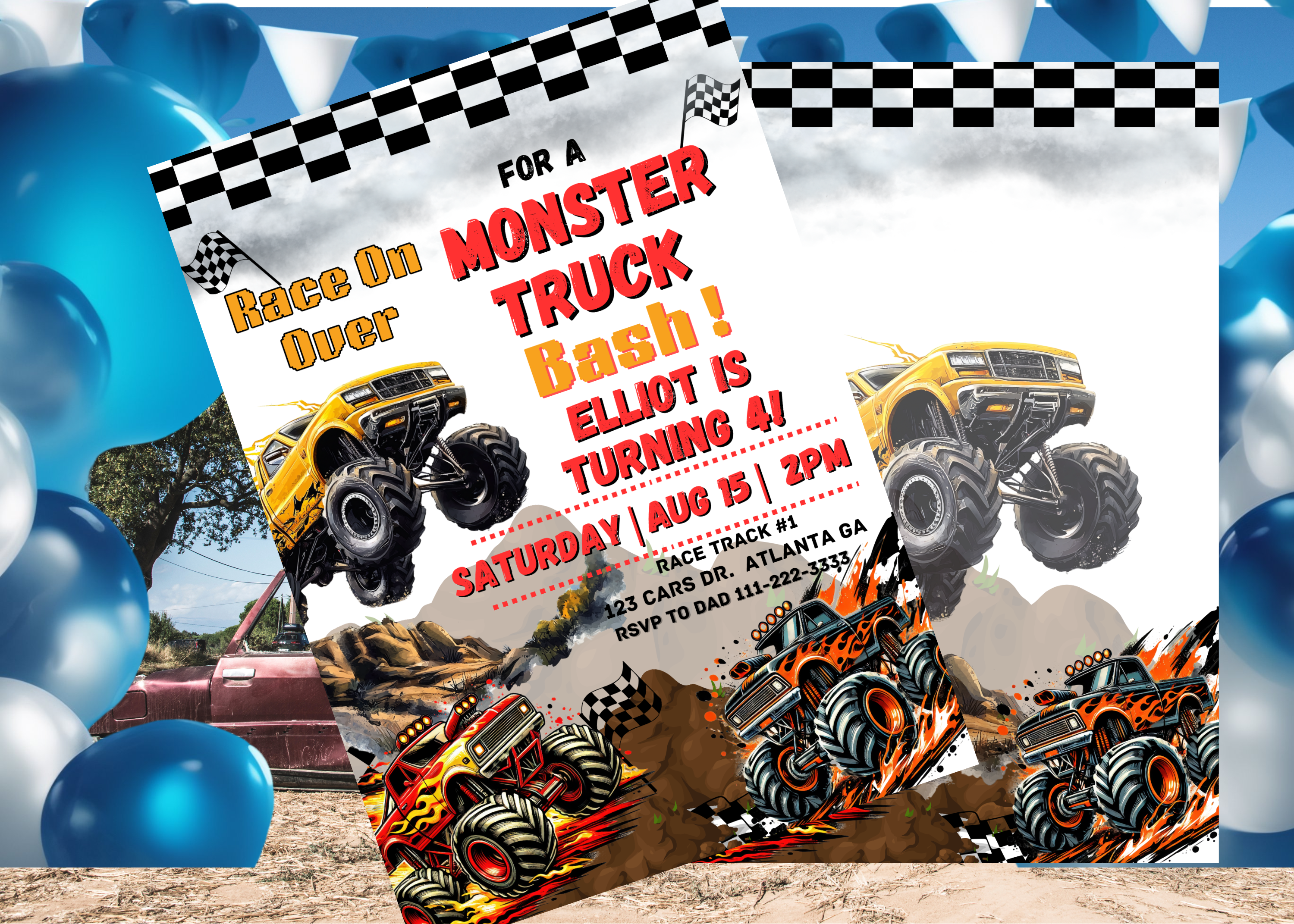 Monster Truck Birthday Invitation | Editable Canva Template | Digital Download | Boys Birthday Invite | 2-Page Design