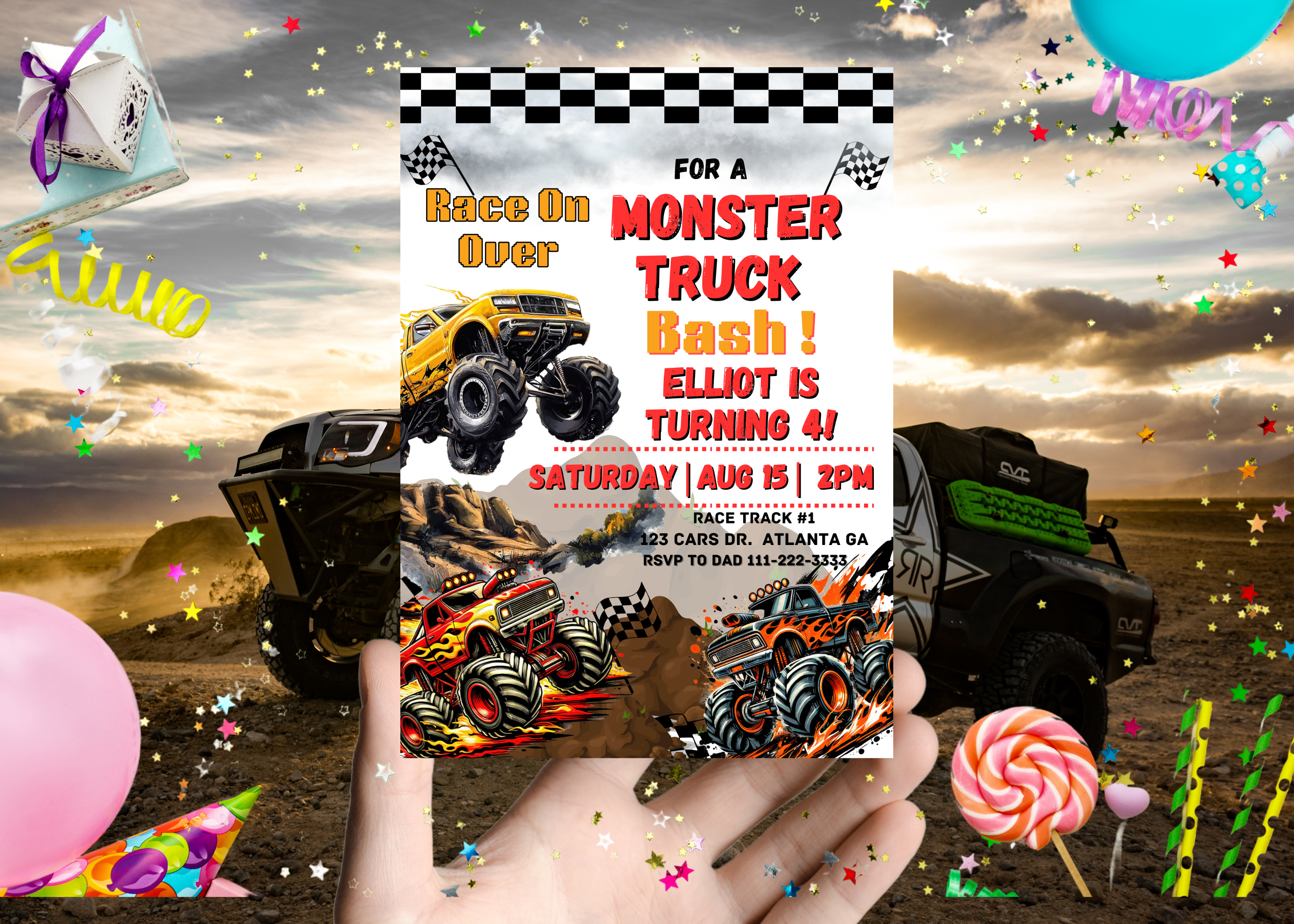 Monster Truck Birthday Invitation | Editable Canva Template | Digital Download | Boys Birthday Invite | 2-Page Design