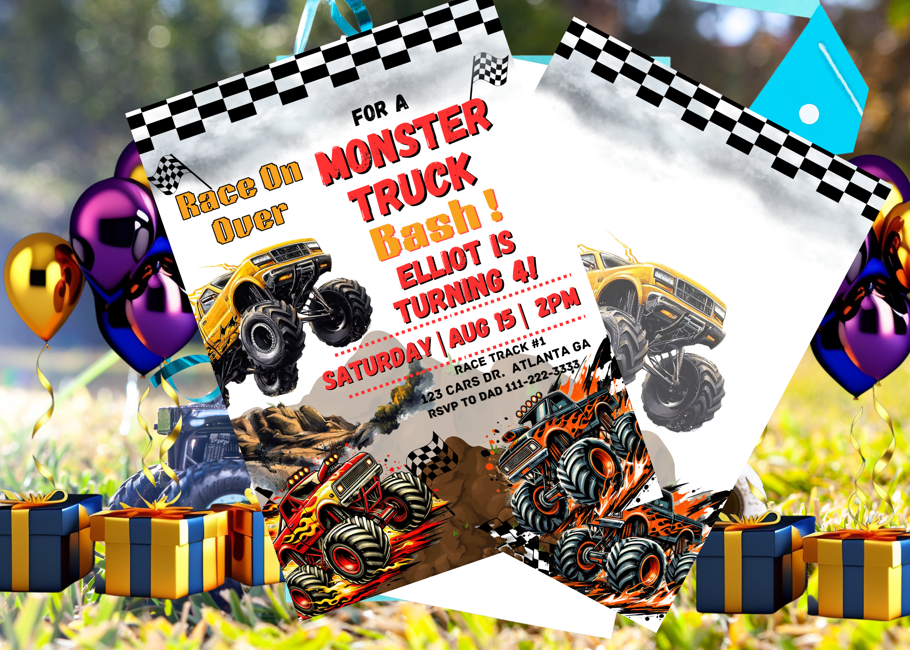 Monster Truck Birthday Invitation | Editable Canva Template | Digital Download | Boys Birthday Invite | 2-Page Design