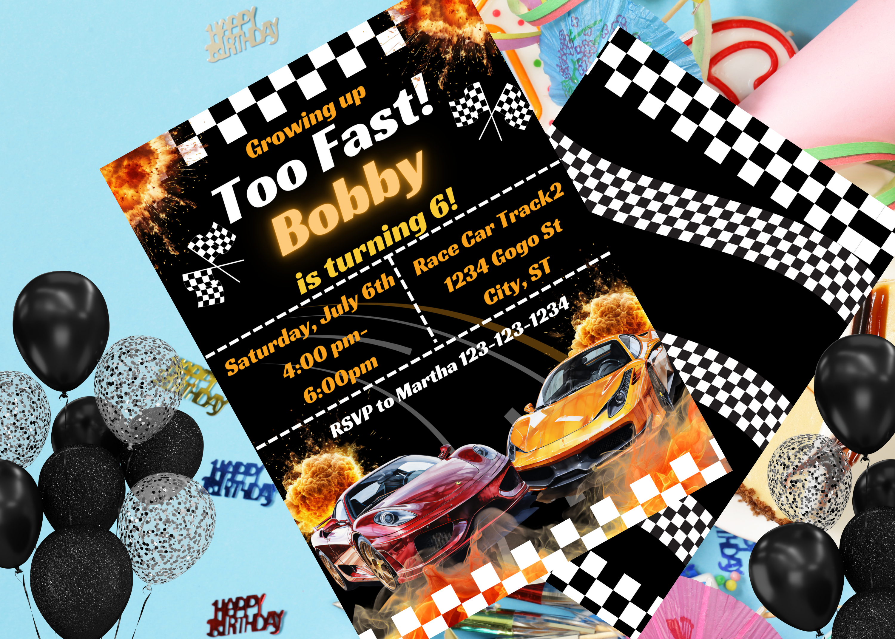 Race Car Birthday Invitation Template | Editable Canva Digital Download | 2 Page Invite for Boys Birthday Party