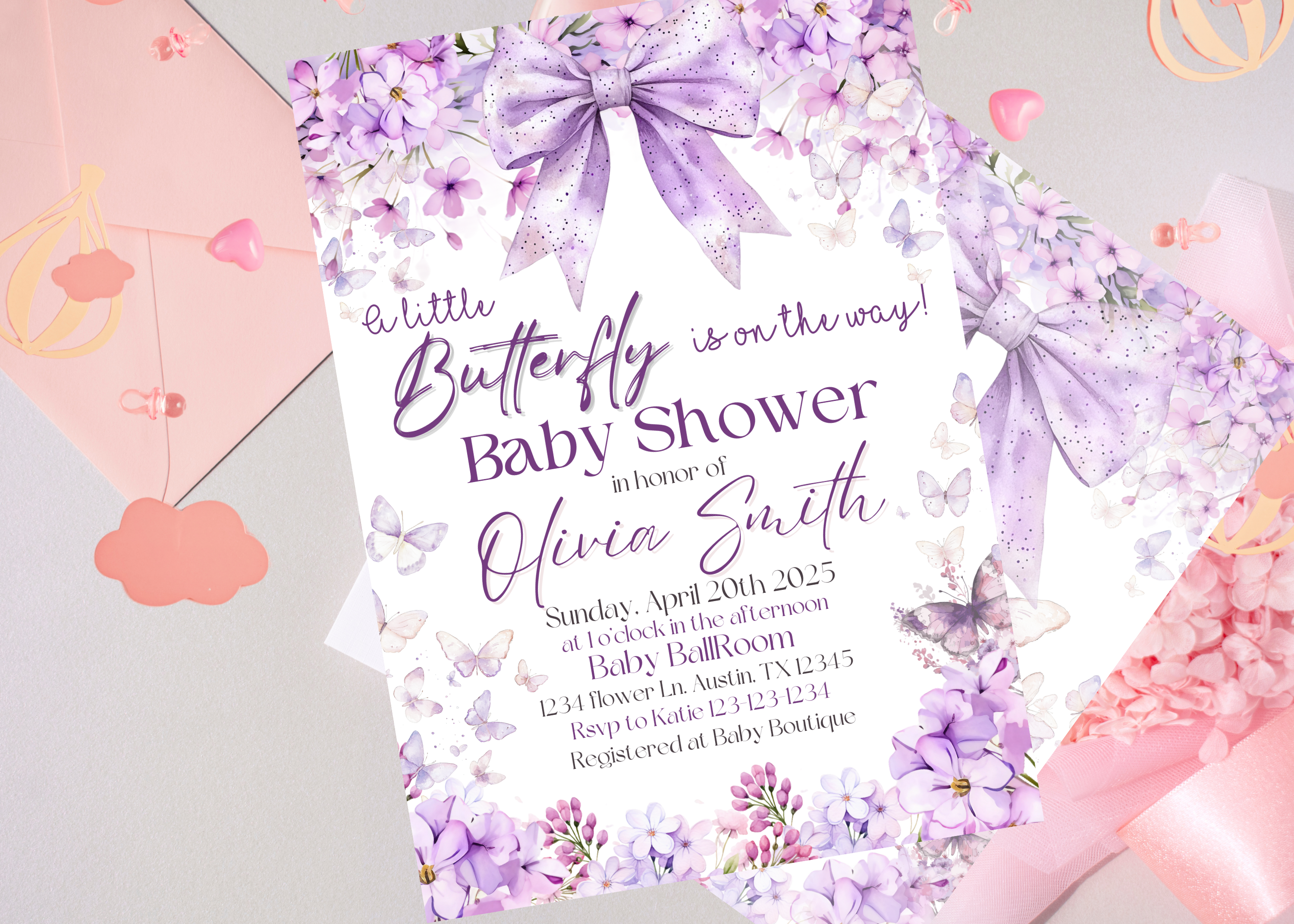 A Little Butterfly Is On The Way Invitation, Purple Butterfly Baby Shower Invite, Lavender Floral Invite, Butterfly Brunch Invitation, Editable Canva Template, Spring Baby Shower