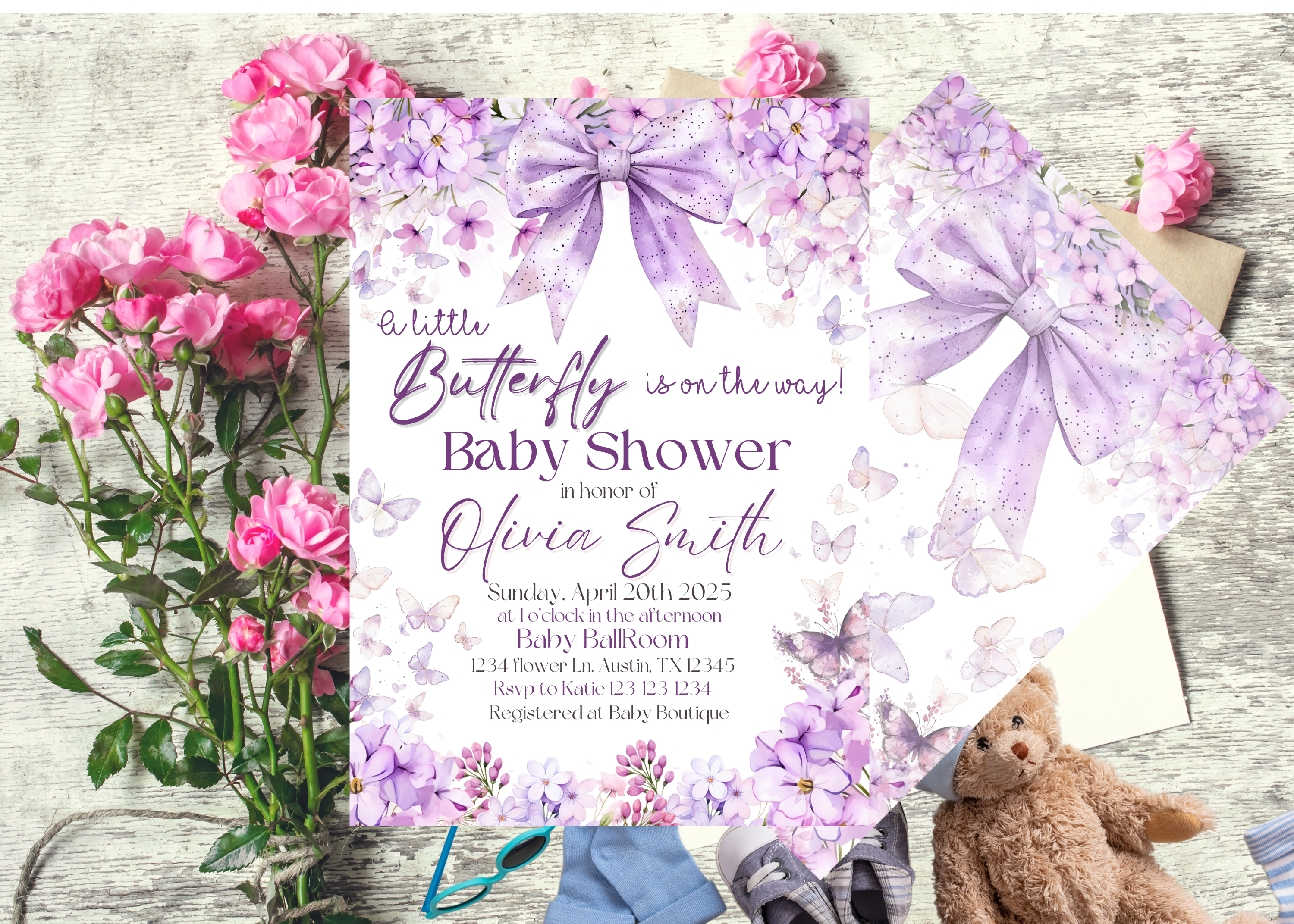 A Little Butterfly Is On The Way Invitation, Purple Butterfly Baby Shower Invite, Lavender Floral Invite, Butterfly Brunch Invitation, Editable Canva Template, Spring Baby Shower