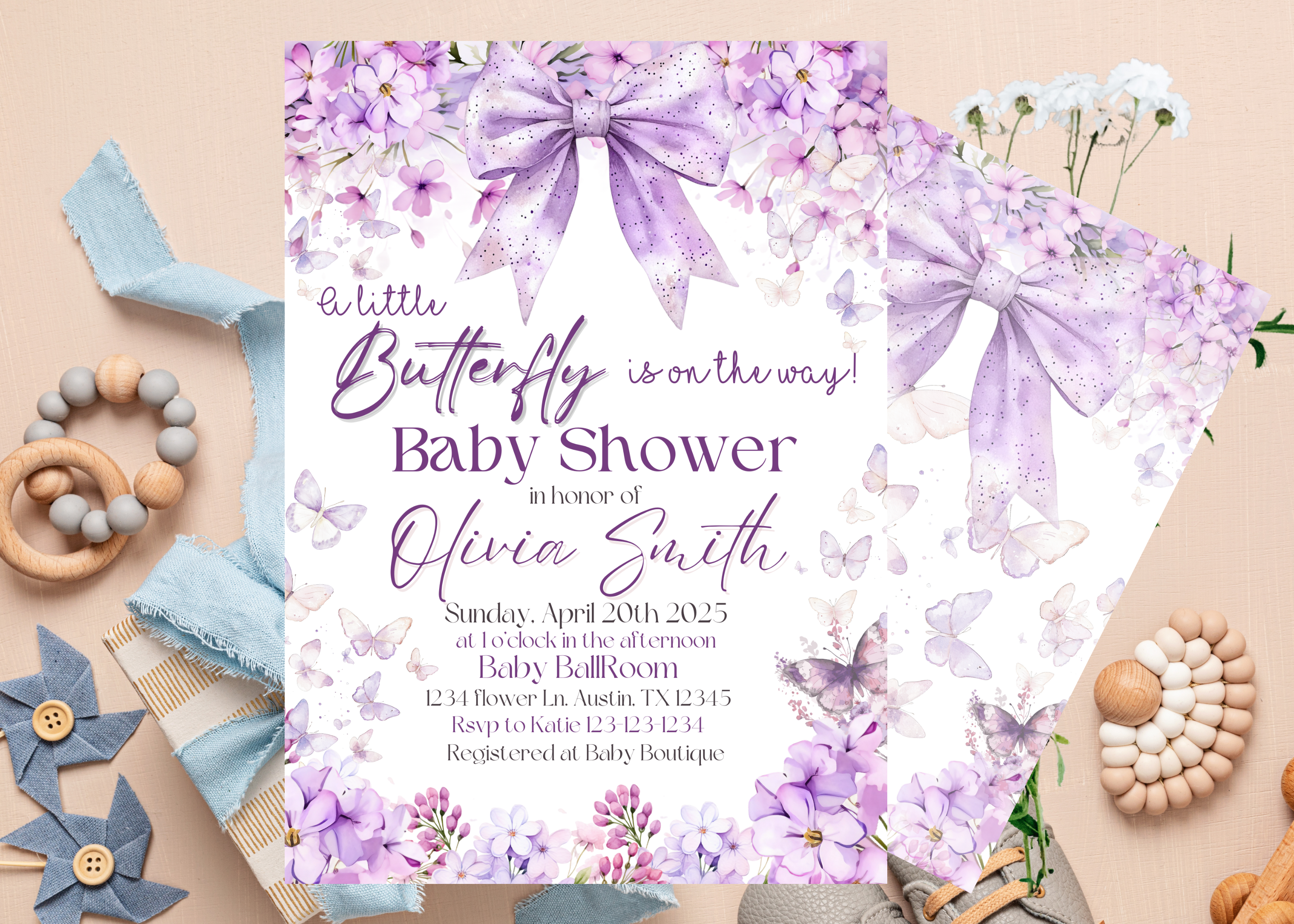 A Little Butterfly Is On The Way Invitation, Purple Butterfly Baby Shower Invite, Lavender Floral Invite, Butterfly Brunch Invitation, Editable Canva Template, Spring Baby Shower
