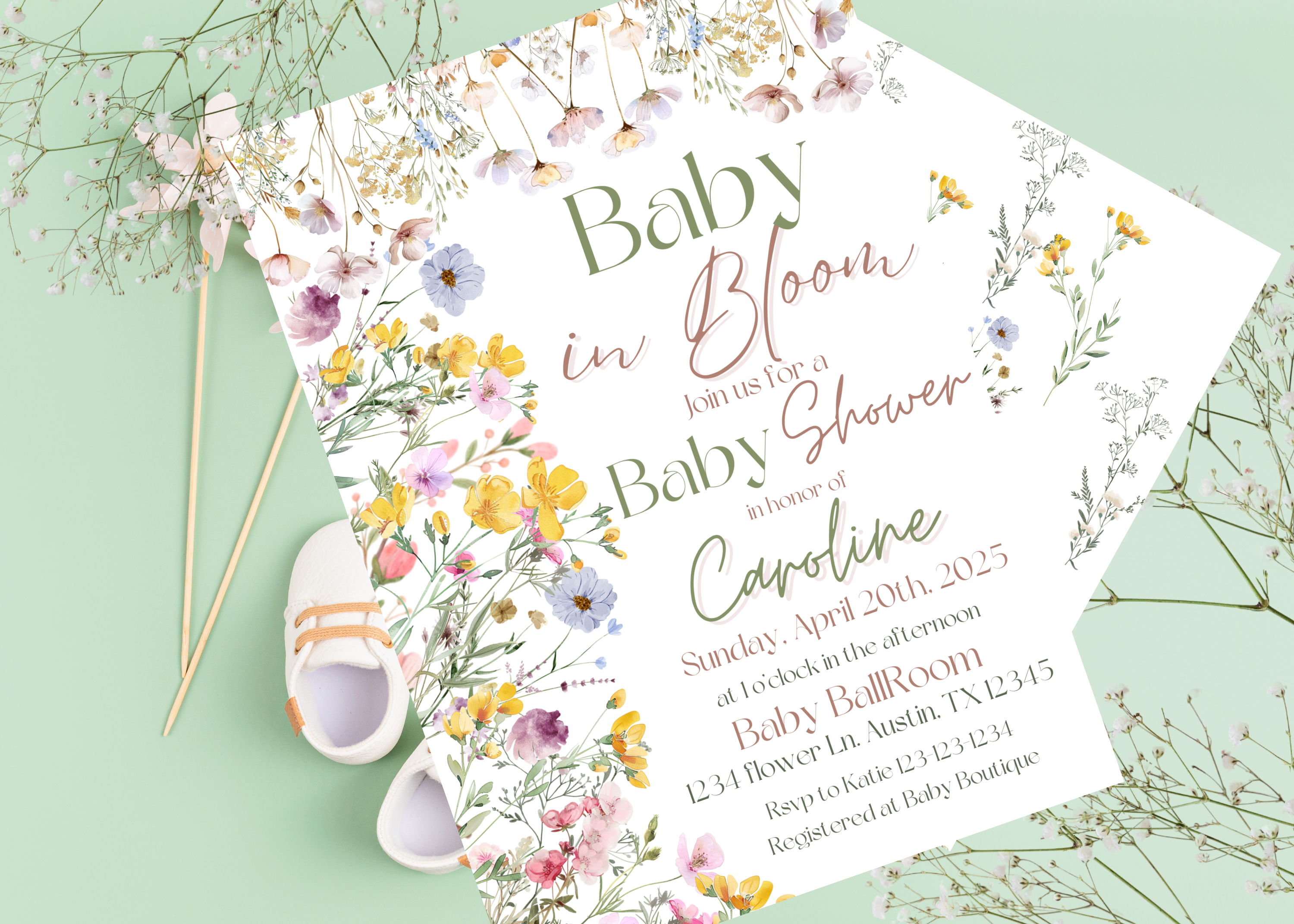 Baby in Bloom Invitation | Editable Wildflower Baby Shower Invite