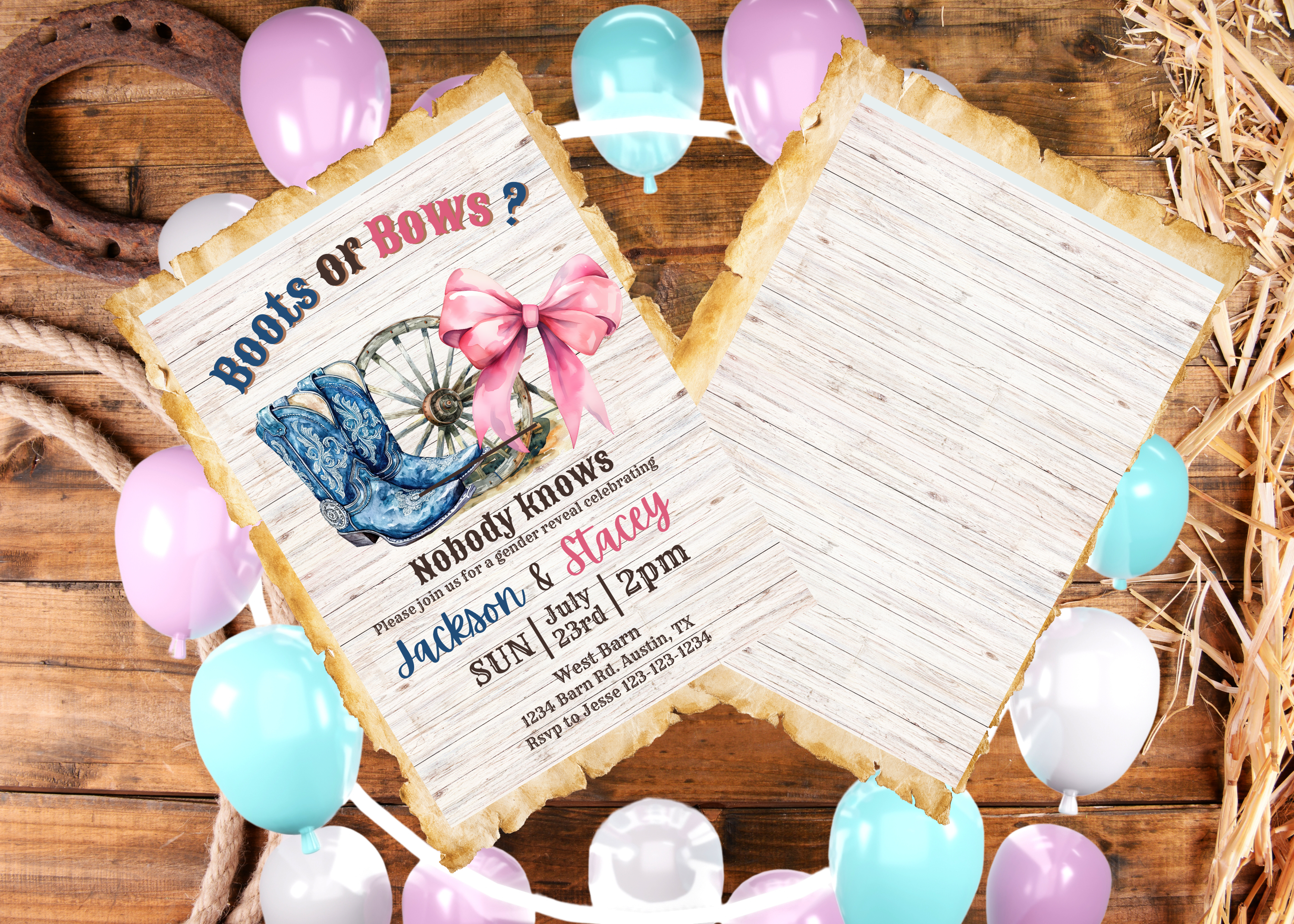 Boots or Bows Gender Reveal Invitation, Western Theme Baby Shower, Rustic Editable Template, Pink Bow Blue Boots, Front & Back Design, Canva Download