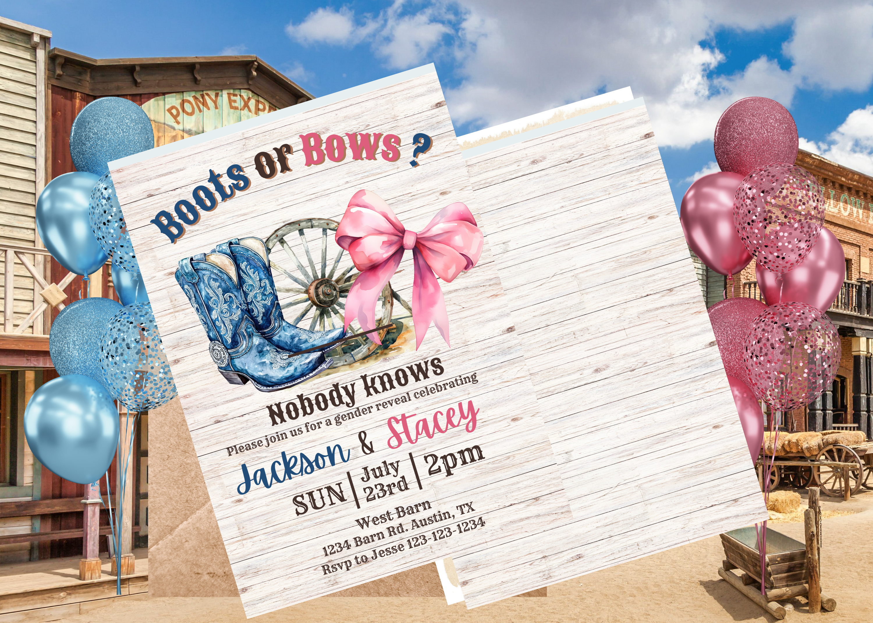 Boots or Bows Gender Reveal Invitation, Western Theme Baby Shower, Rustic Editable Template, Pink Bow Blue Boots, Front & Back Design, Canva Download