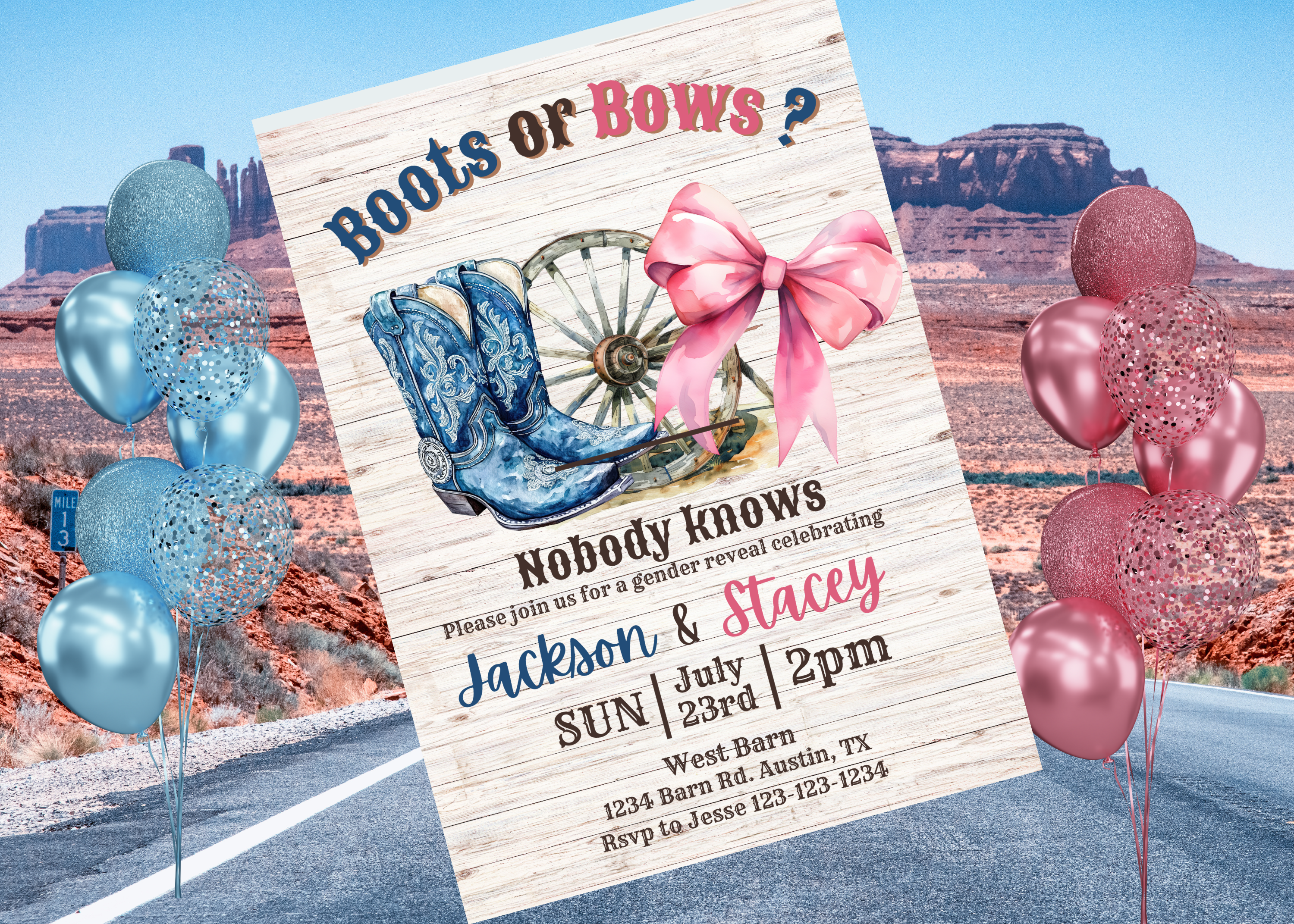 Boots or Bows Gender Reveal Invitation, Western Theme Baby Shower, Rustic Editable Template, Pink Bow Blue Boots, Front & Back Design, Canva Download