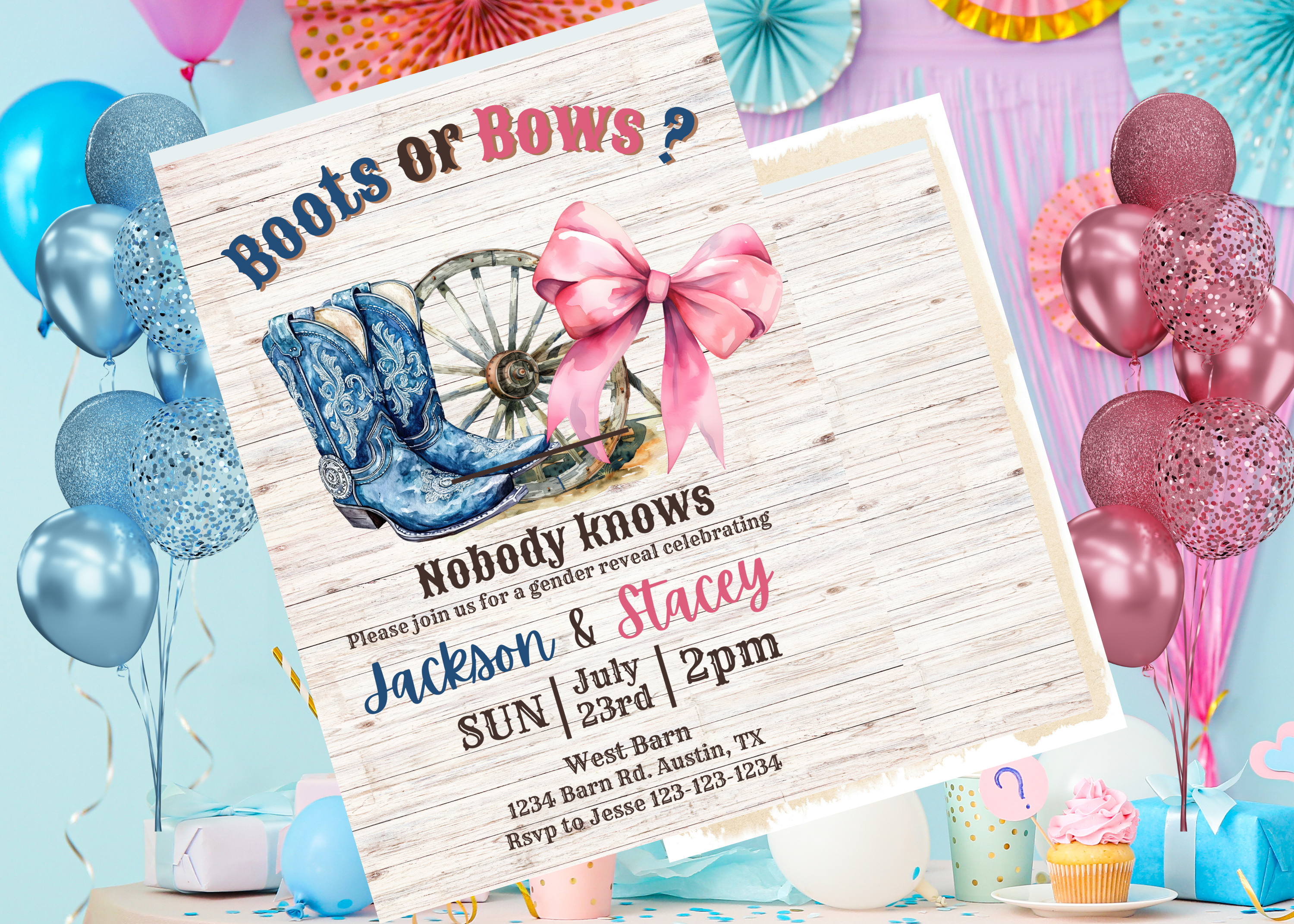 Boots or Bows Gender Reveal Invitation, Western Theme Baby Shower, Rustic Editable Template, Pink Bow Blue Boots, Front & Back Design, Canva Download