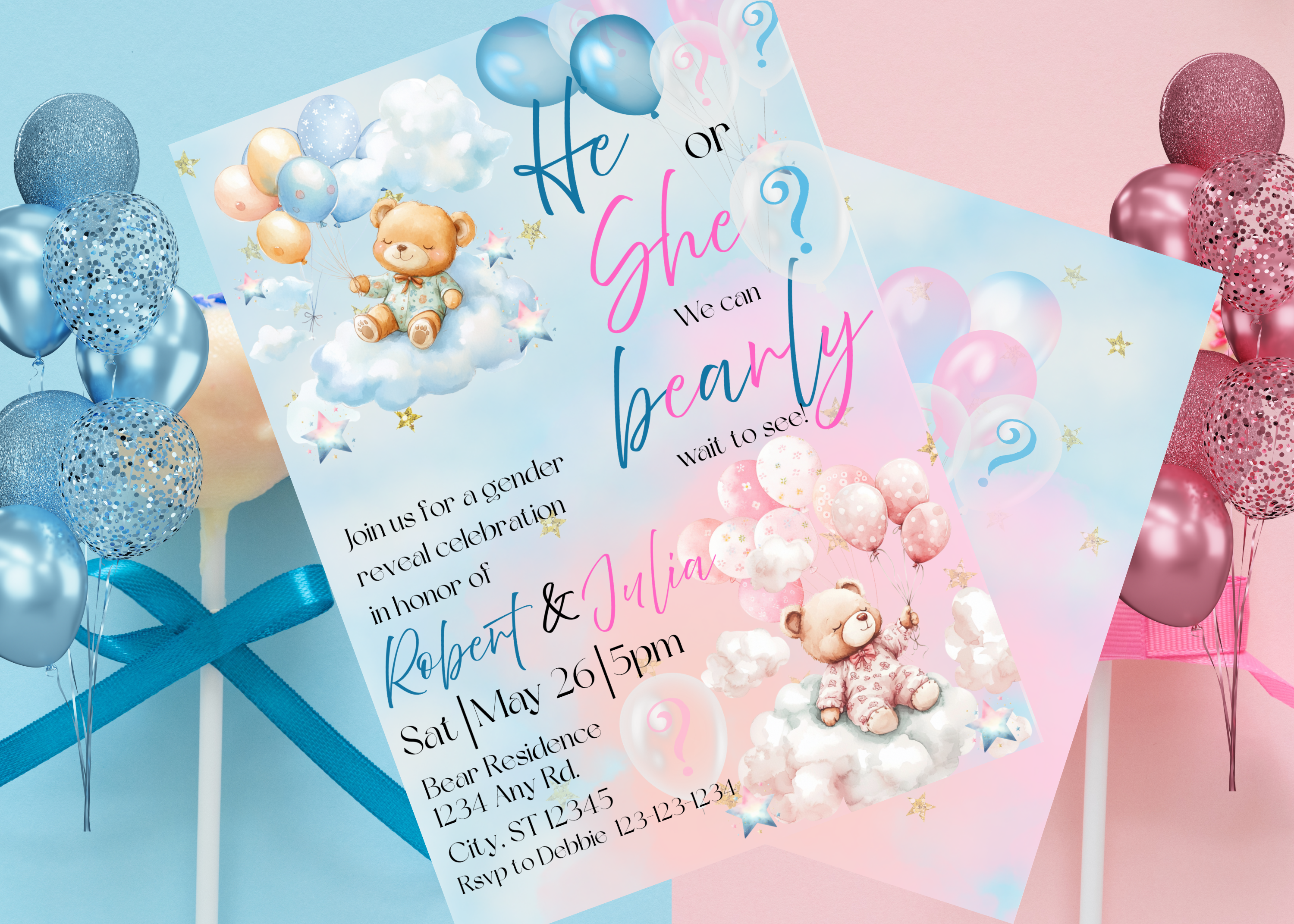 He or She Bear Gender Reveal Invitation, Teddy Bear Gender Reveal Party, Digital Download
