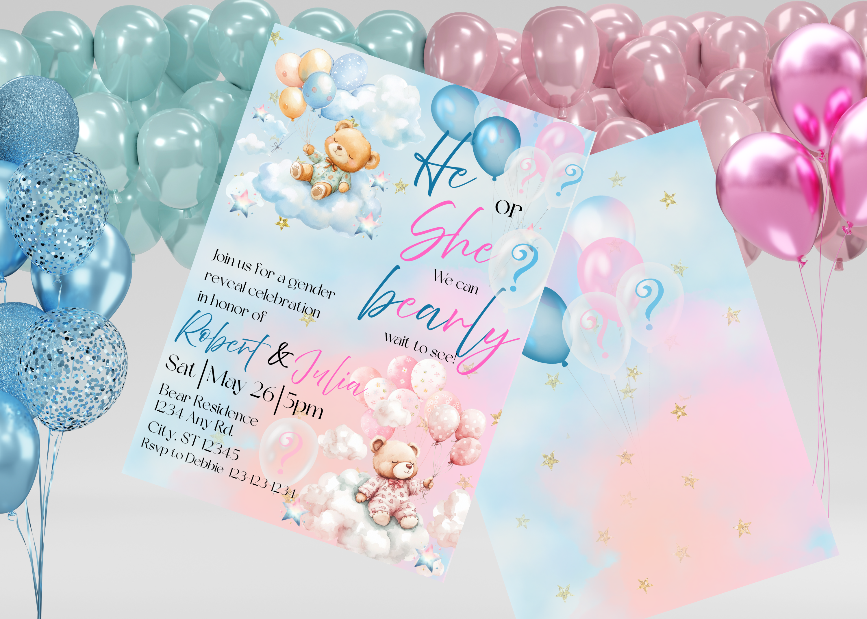 He or She Bear Gender Reveal Invitation, Teddy Bear Gender Reveal Party, Digital Download
