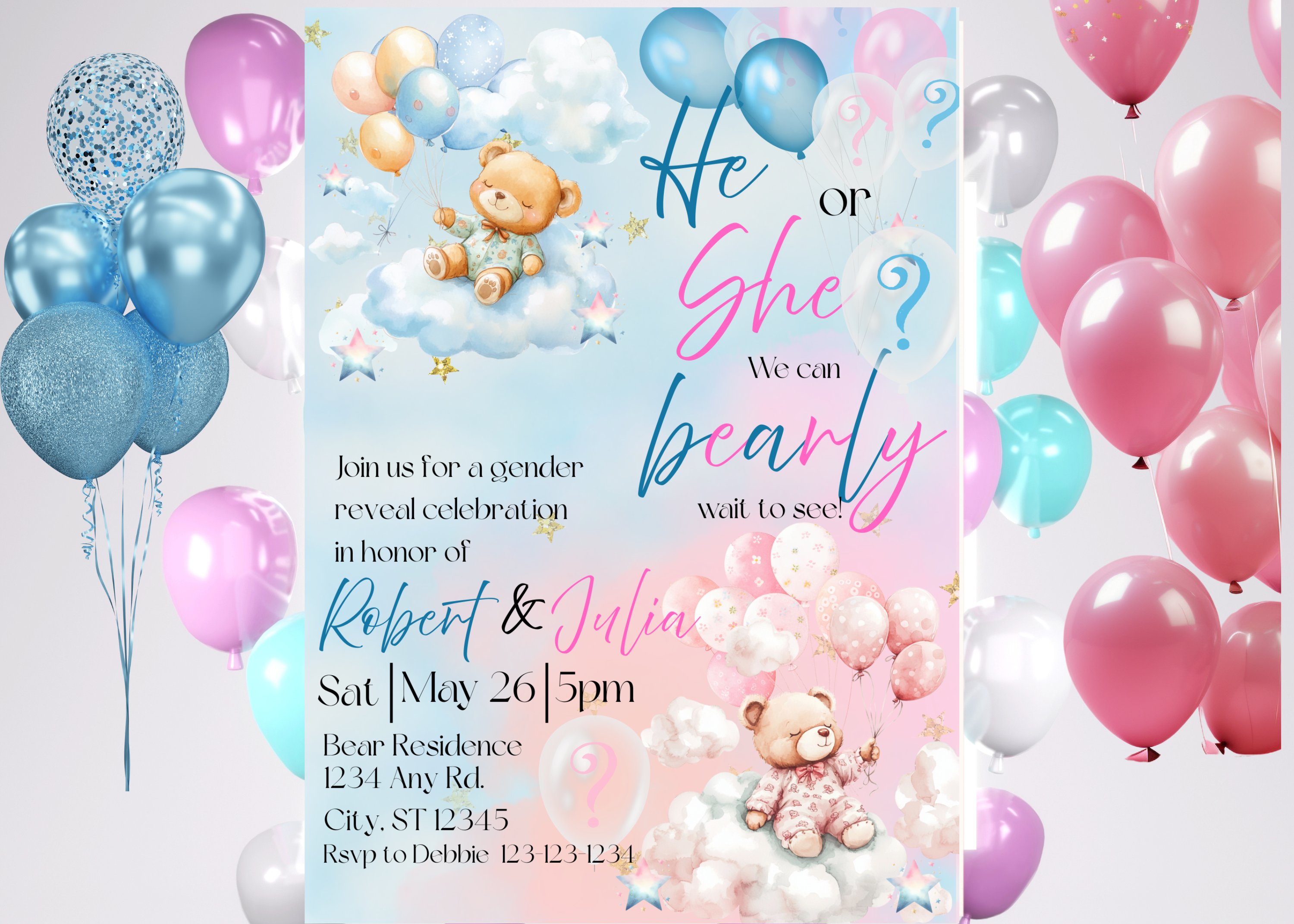 He or She Bear Gender Reveal Invitation, Teddy Bear Gender Reveal Party, Digital Download