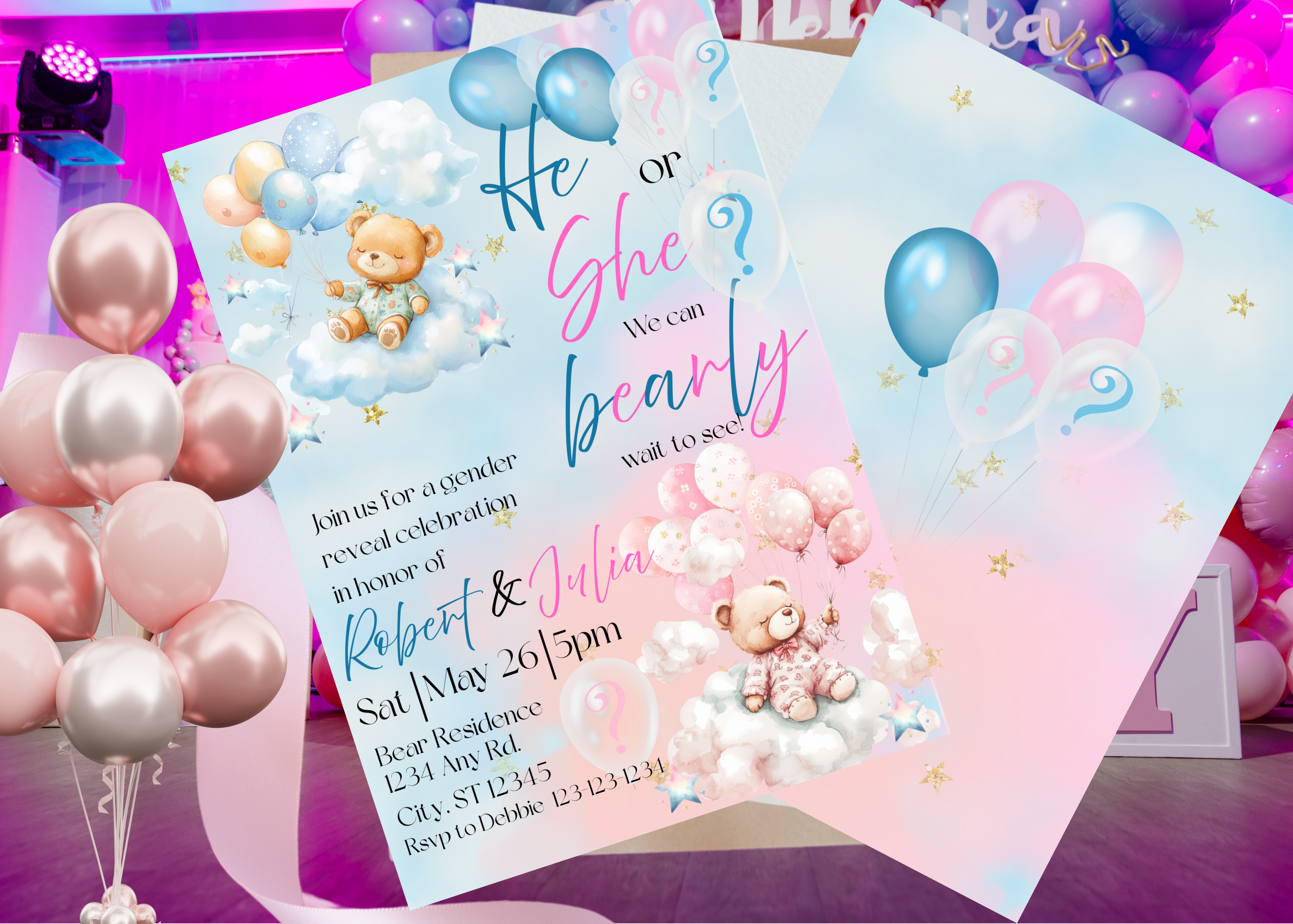 He or She Bear Gender Reveal Invitation, Teddy Bear Gender Reveal Party, Digital Download