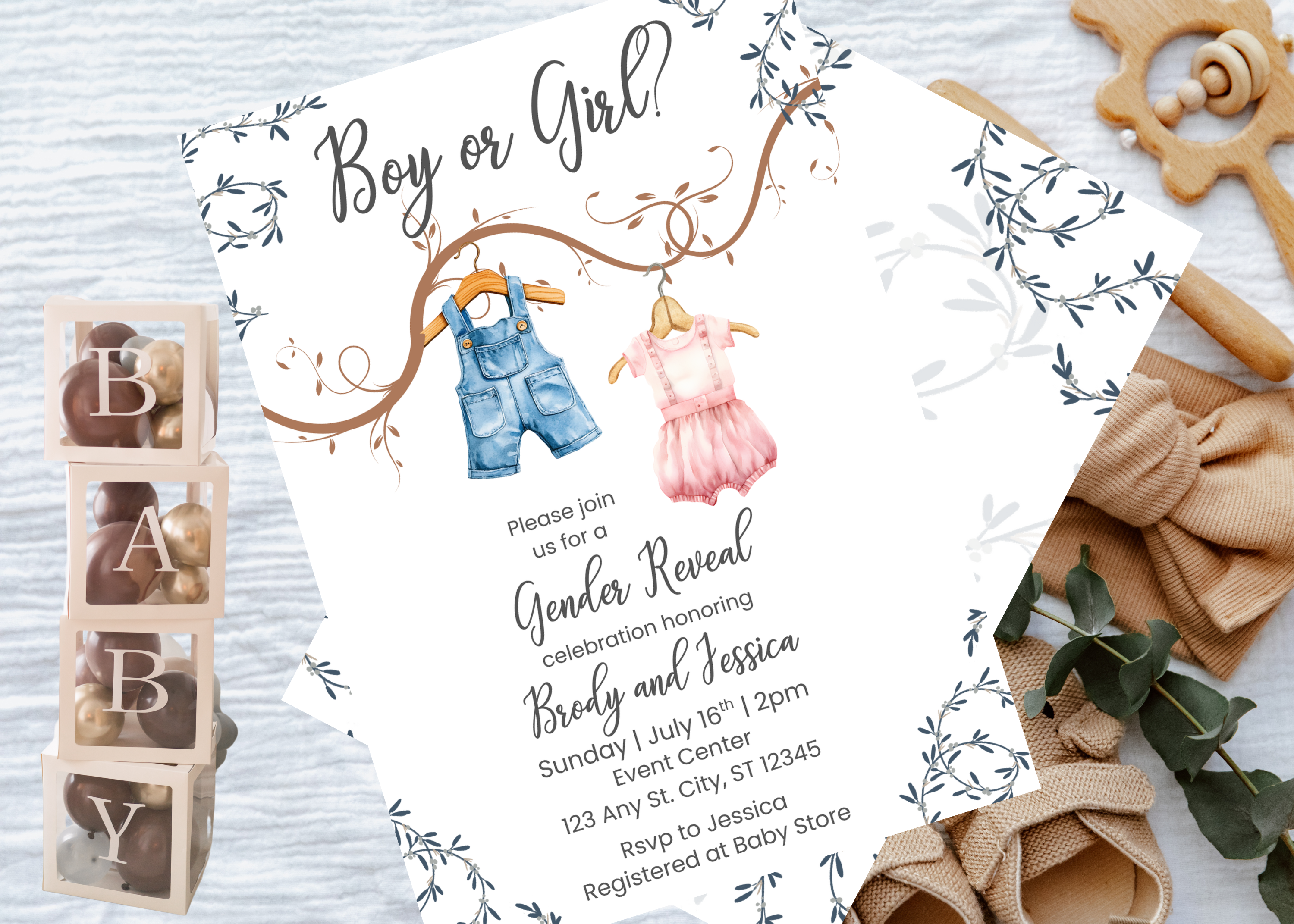 Boho Baby Shower Gender Reveal Invitation, Editable Template, Instant Download, Cute Baby Clothes Design