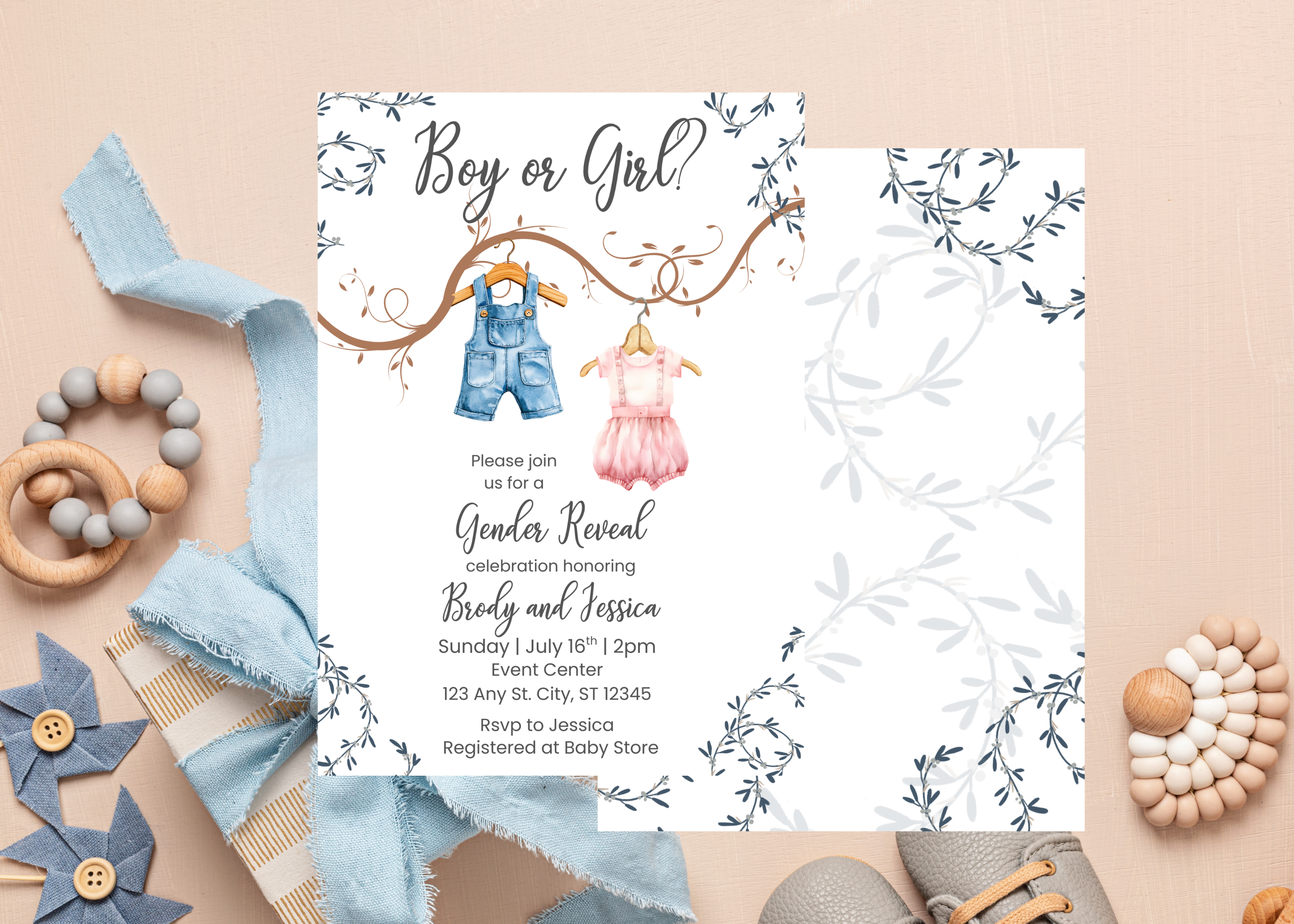 Boho Baby Shower Gender Reveal Invitation, Editable Template, Instant Download, Cute Baby Clothes Design