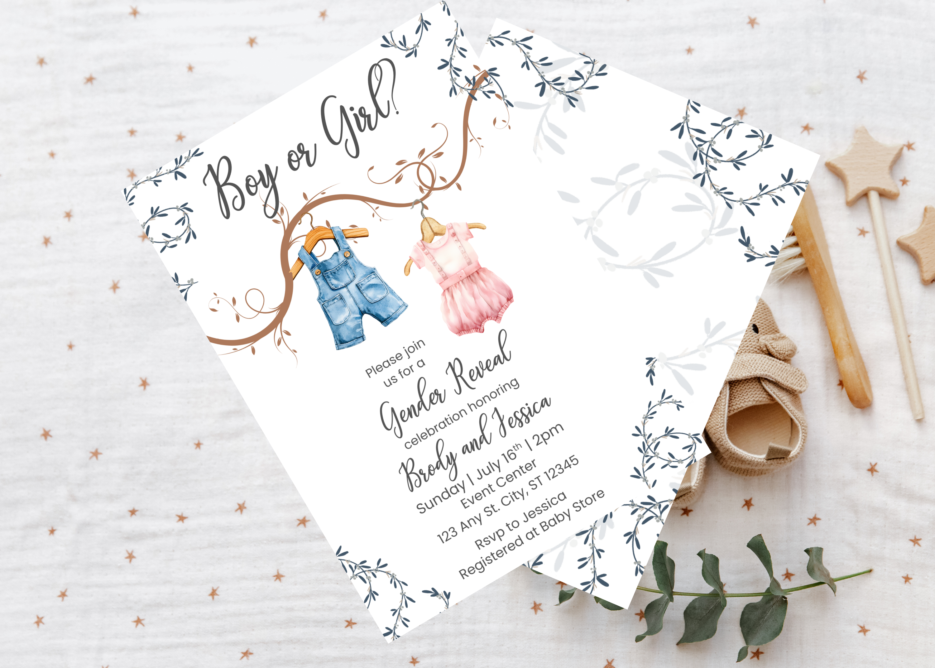 Boho Baby Shower Gender Reveal Invitation, Editable Template, Instant Download, Cute Baby Clothes Design