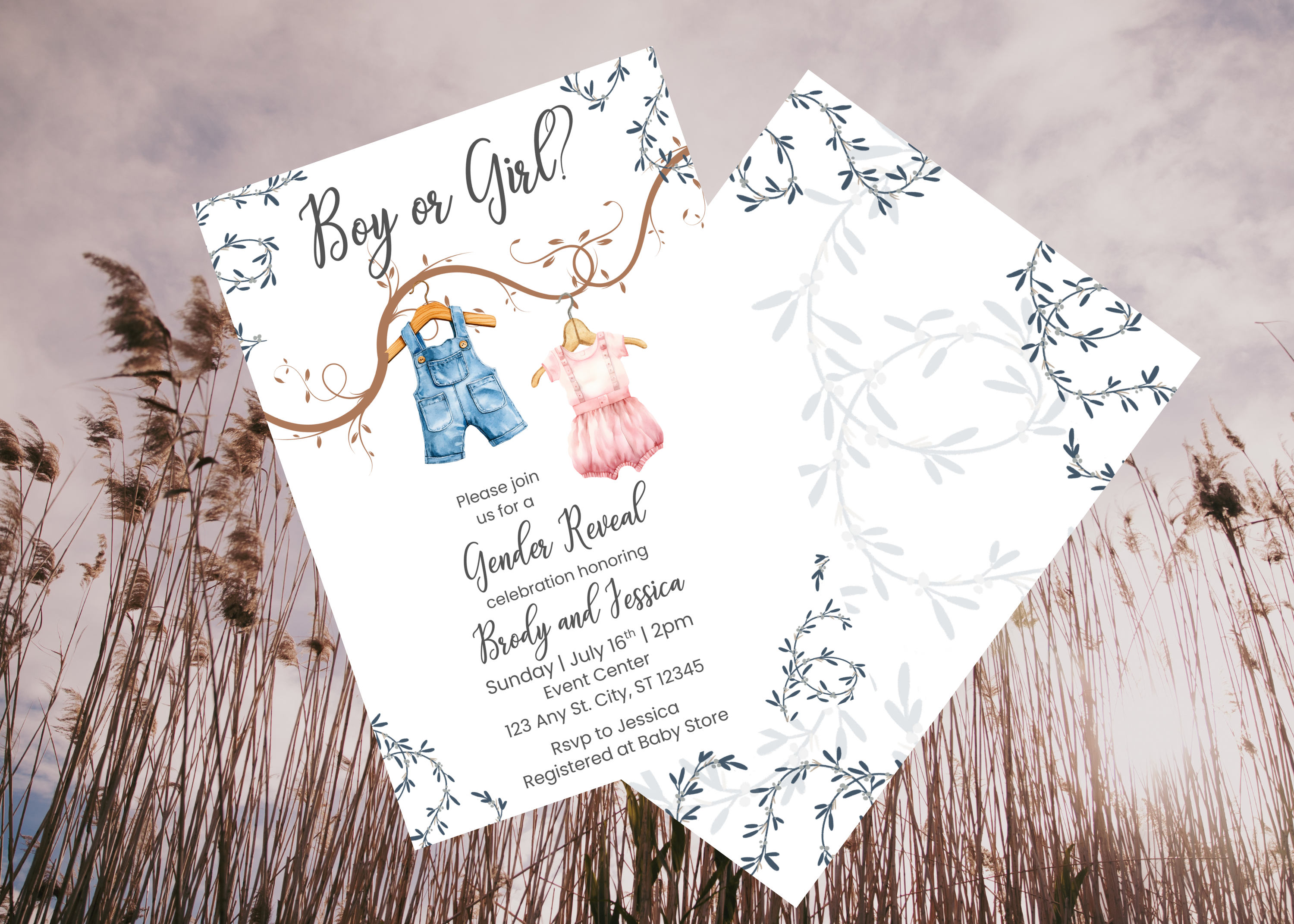 Boho Baby Shower Gender Reveal Invitation, Editable Template, Instant Download, Cute Baby Clothes Design