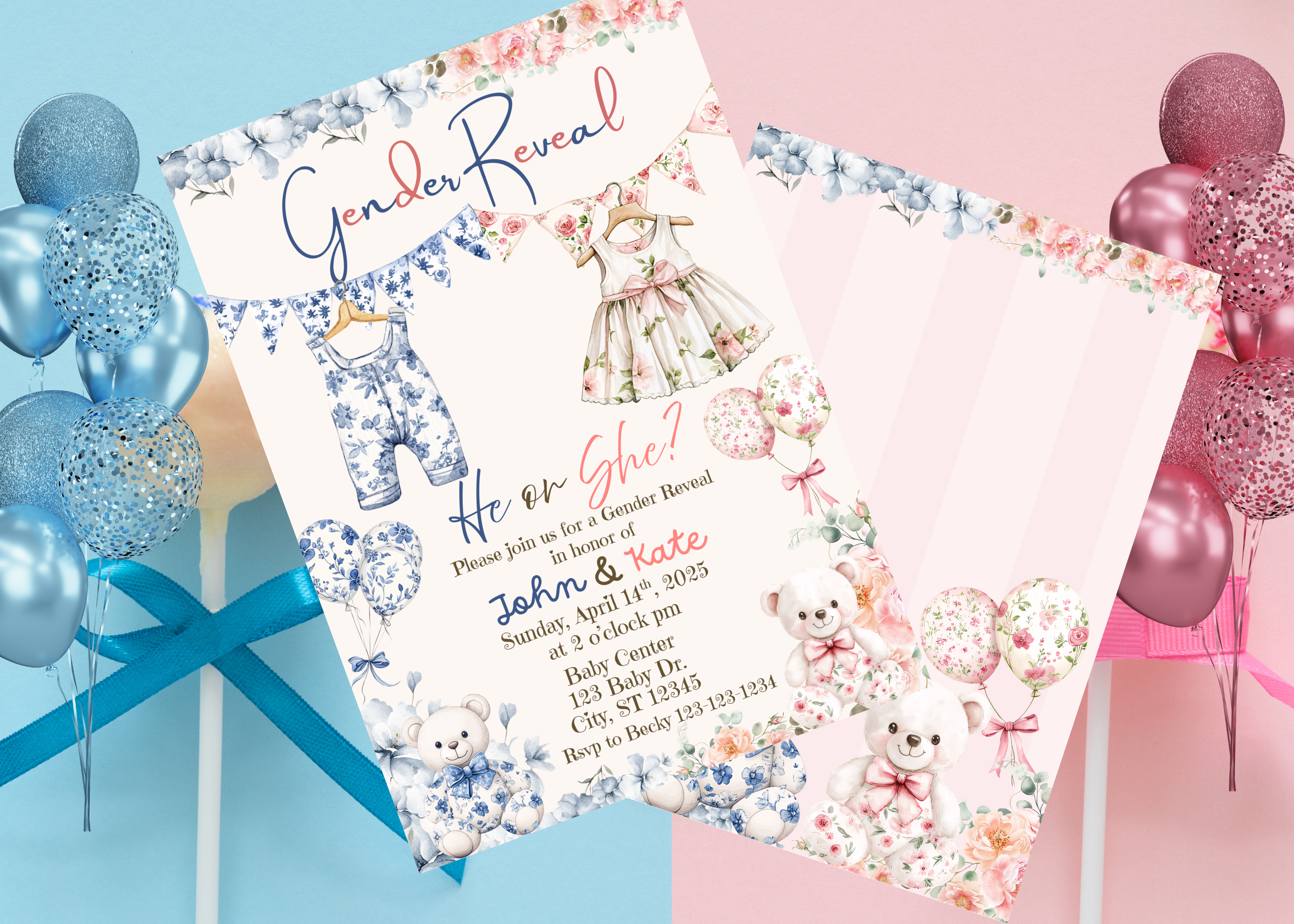 Editable Gender Reveal Invitation, Floral Teddy Bear Baby Shower, Digital Download, Pink Blue He or She, Canva Template
