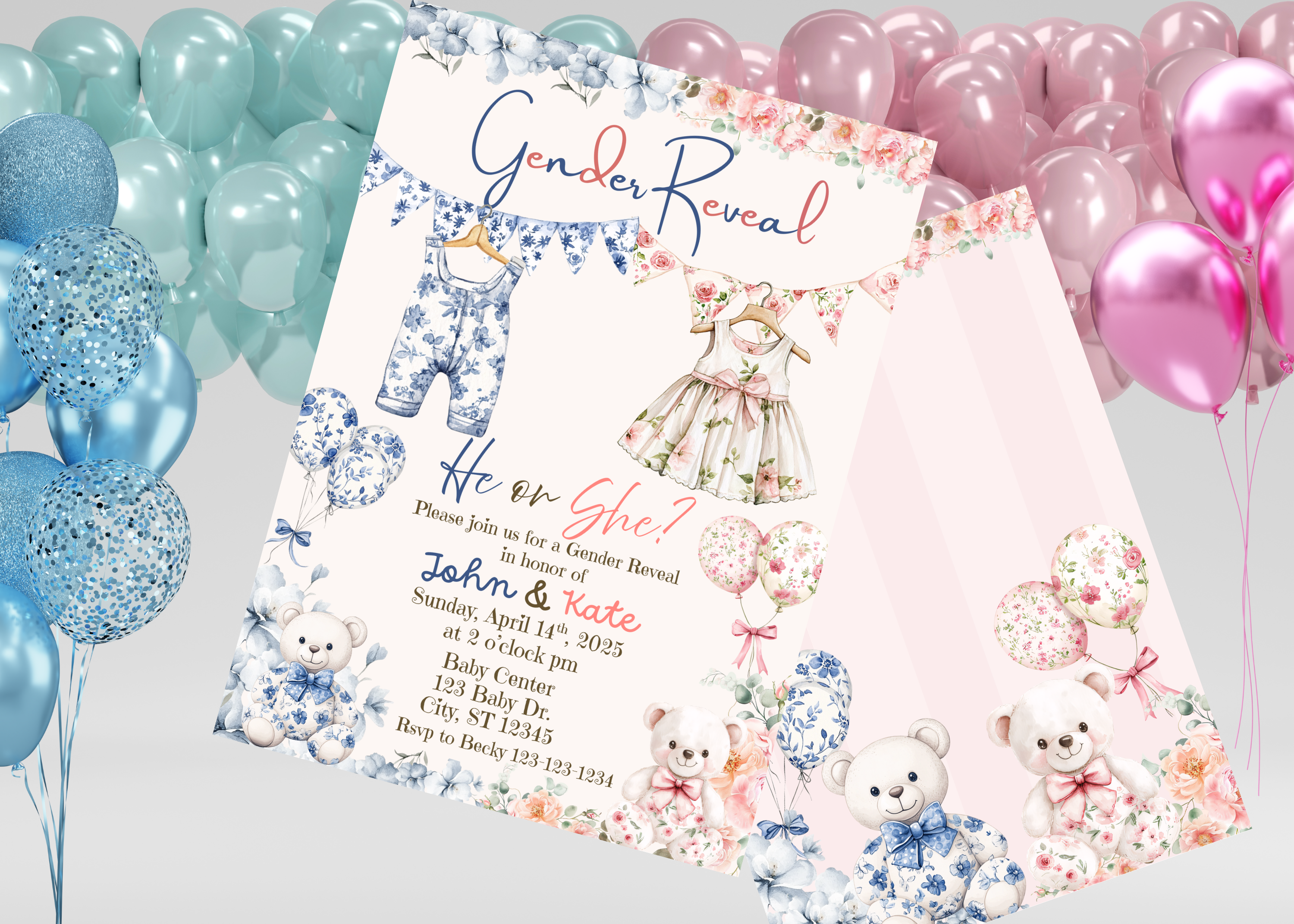 Editable Gender Reveal Invitation, Floral Teddy Bear Baby Shower, Digital Download, Pink Blue He or She, Canva Template