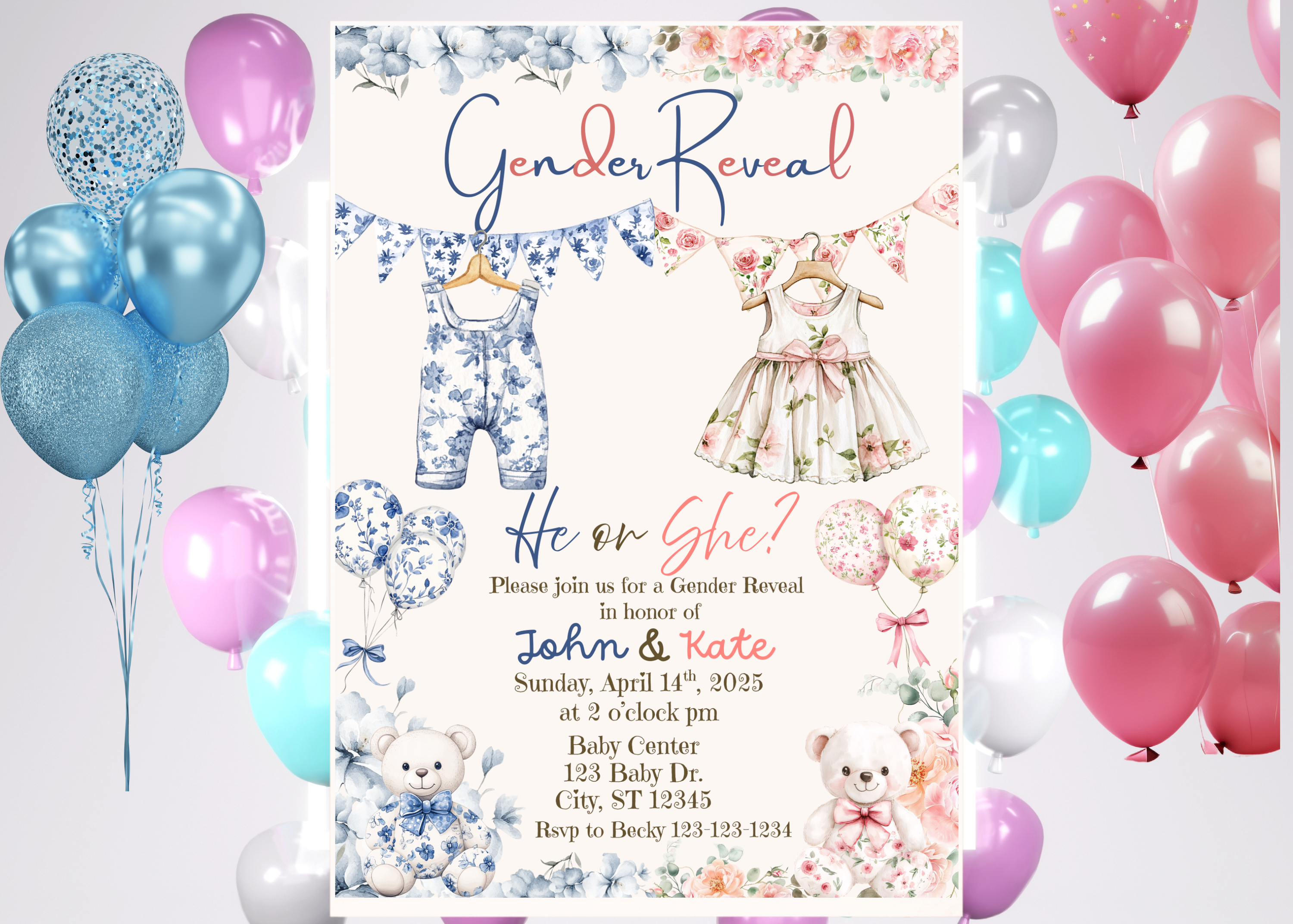 Editable Gender Reveal Invitation, Floral Teddy Bear Baby Shower, Digital Download, Pink Blue He or She, Canva Template
