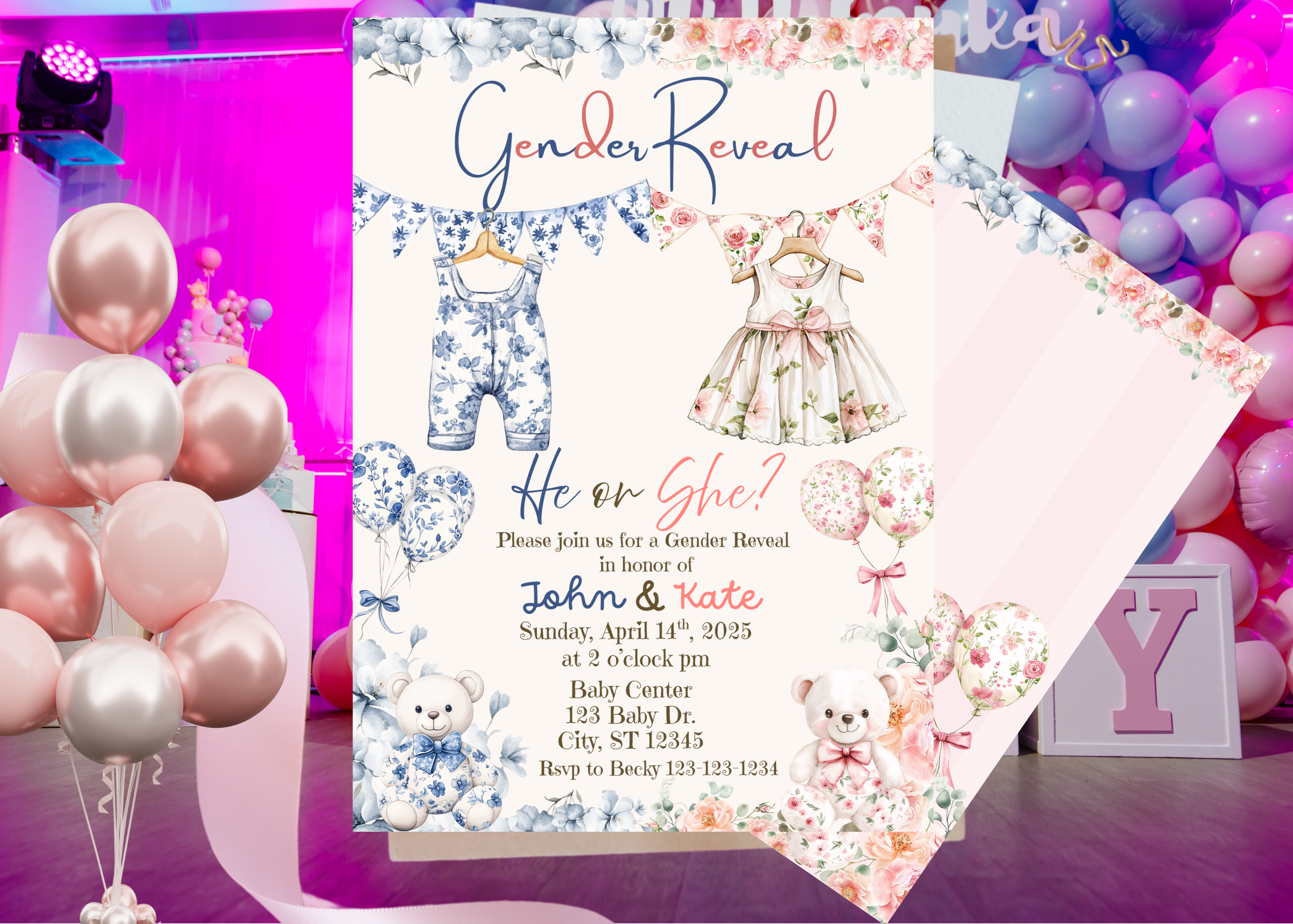 Editable Gender Reveal Invitation, Floral Teddy Bear Baby Shower, Digital Download, Pink Blue He or She, Canva Template