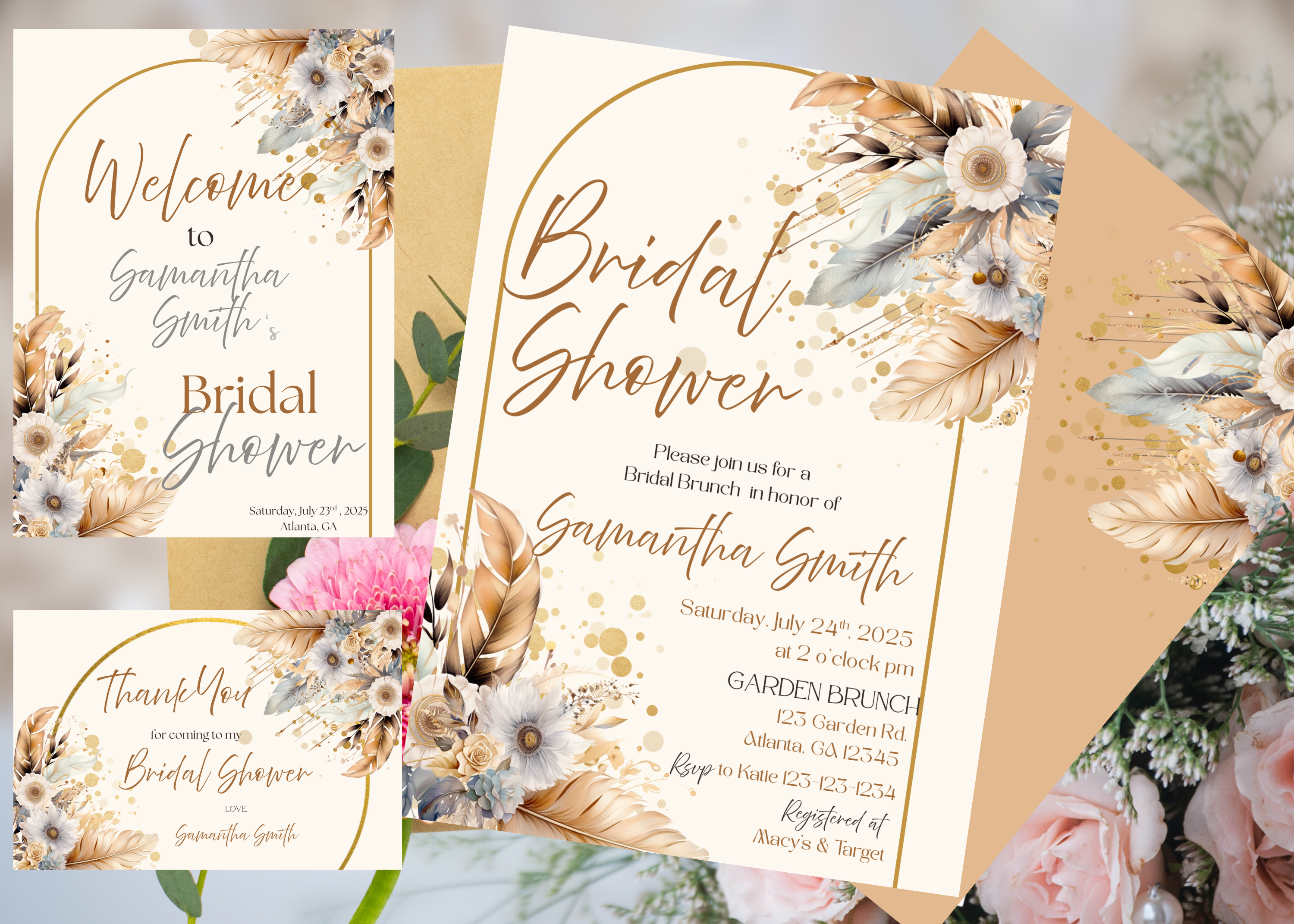 Boho Floral  Bridal Shower Invitation Bundle