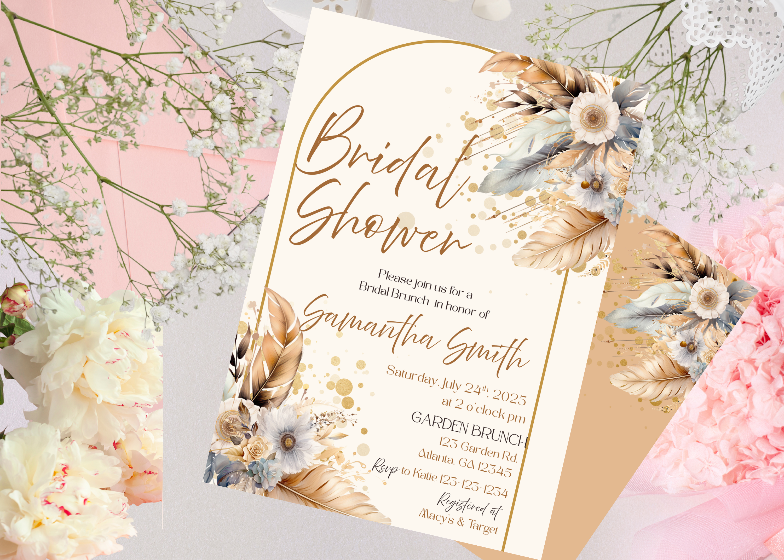 Boho Bridal Shower Invitation, Editable Canva Template, Floral Neutral Rose & Feathers