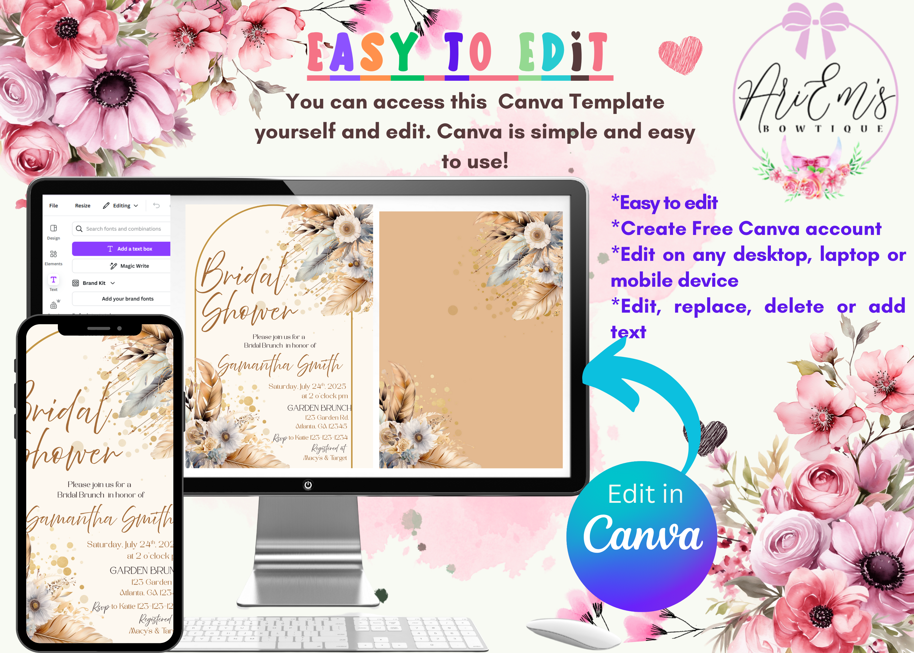 Boho Bridal Shower Invitation, Editable Canva Template, Floral Neutral Rose & Feathers