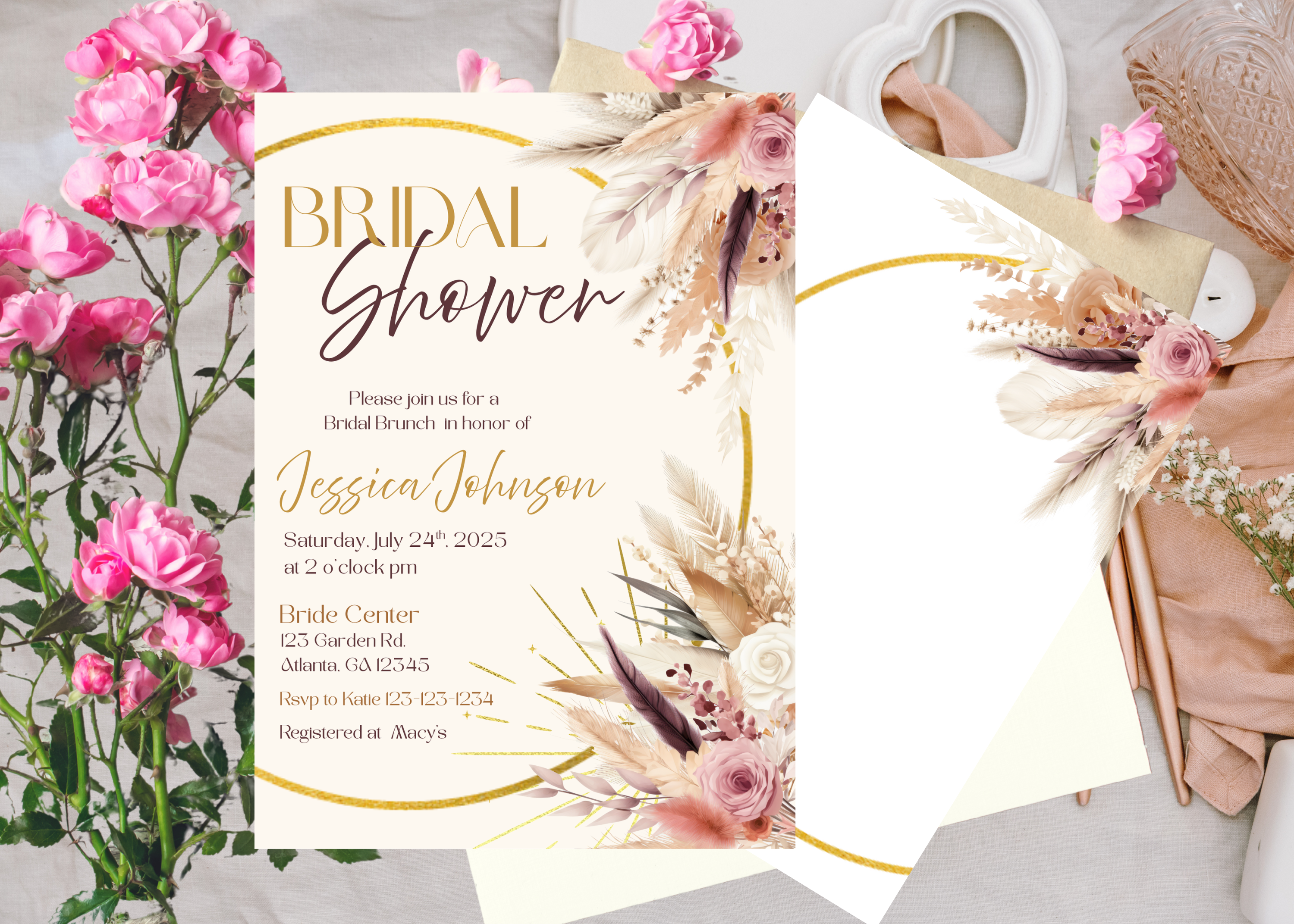 Boho Bridal Shower Invitation, Earthy Pampas Floral Invite, Rustic Wedding Shower Party Invite, Digital Printable Template BRSH4