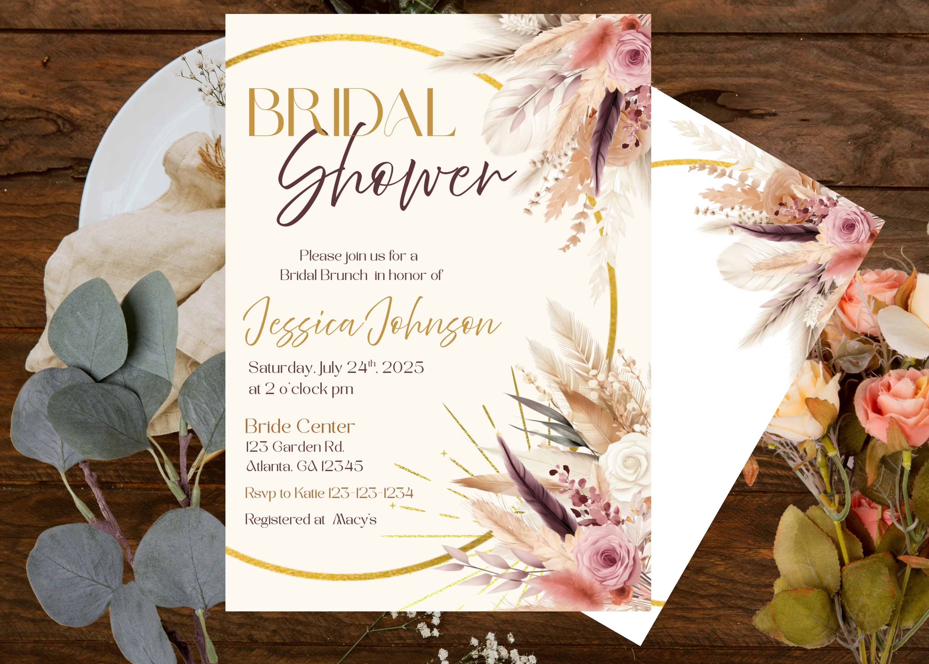 Boho Bridal Shower Invitation, Earthy Pampas Floral Invite, Rustic Wedding Shower Party Invite, Digital Printable Template BRSH4