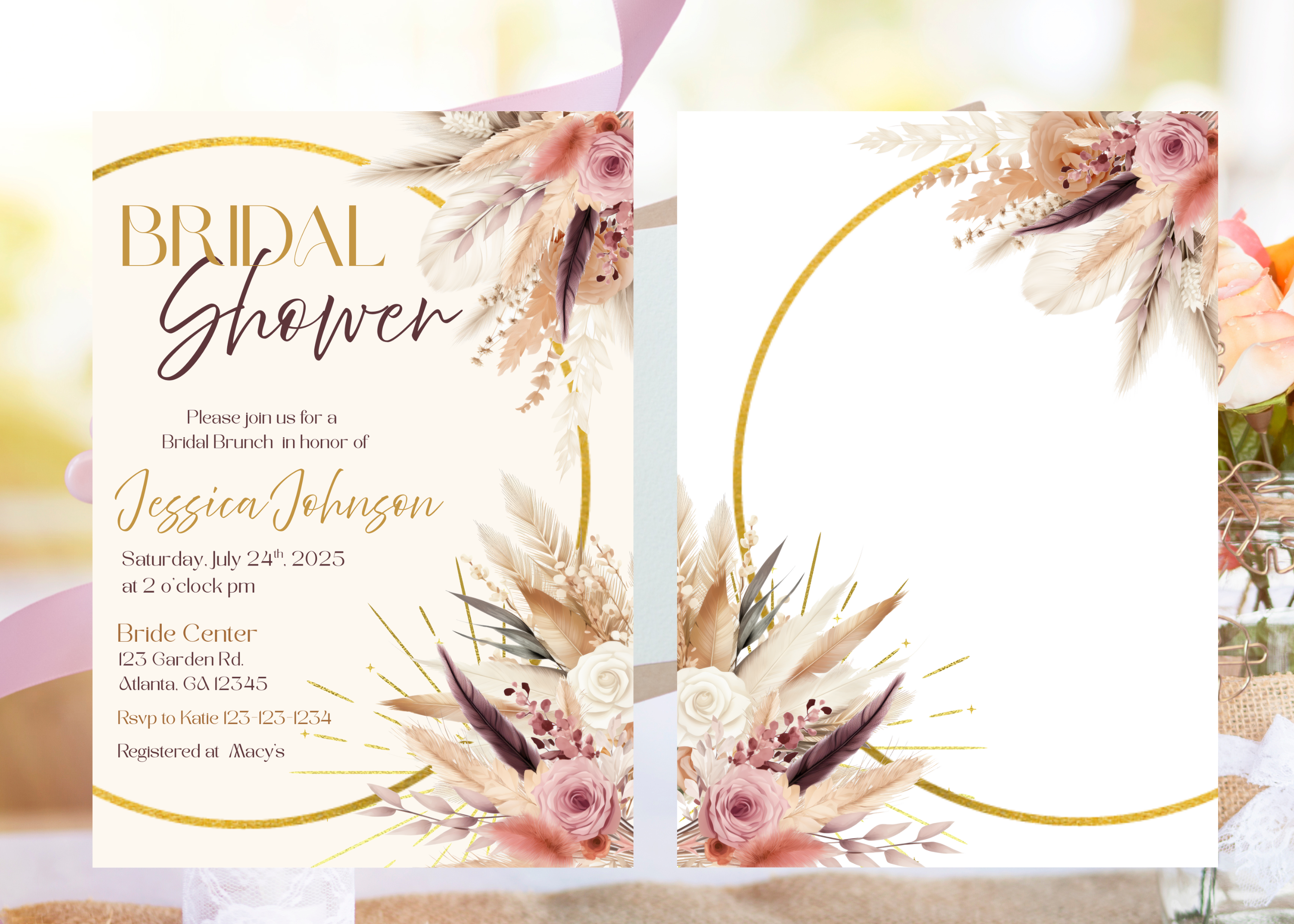 Boho Bridal Shower Invitation, Earthy Pampas Floral Invite, Rustic Wedding Shower Party Invite, Digital Printable Template BRSH4