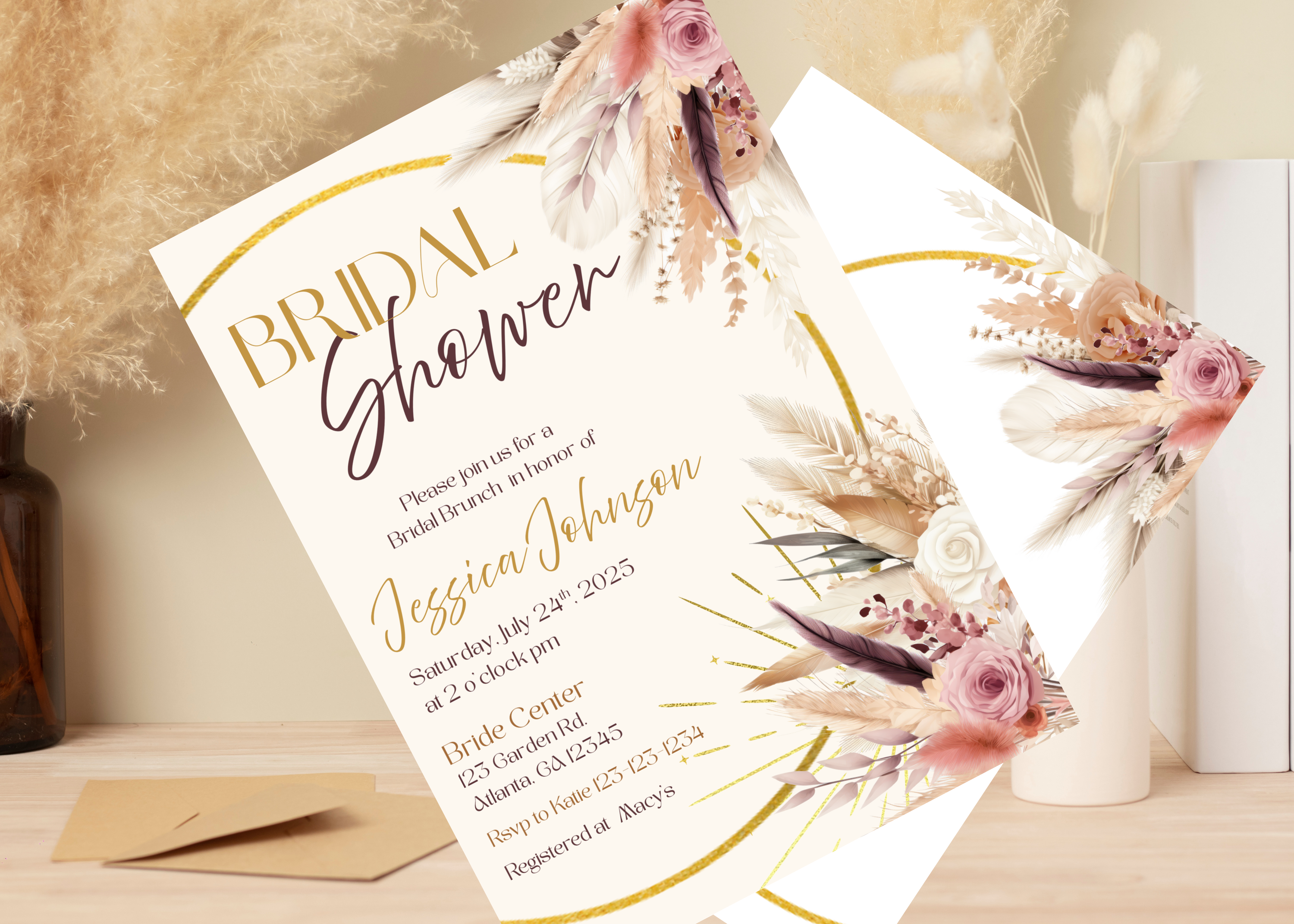 Boho Bridal Shower Invitation, Earthy Pampas Floral Invite, Rustic Wedding Shower Party Invite, Digital Printable Template BRSH4