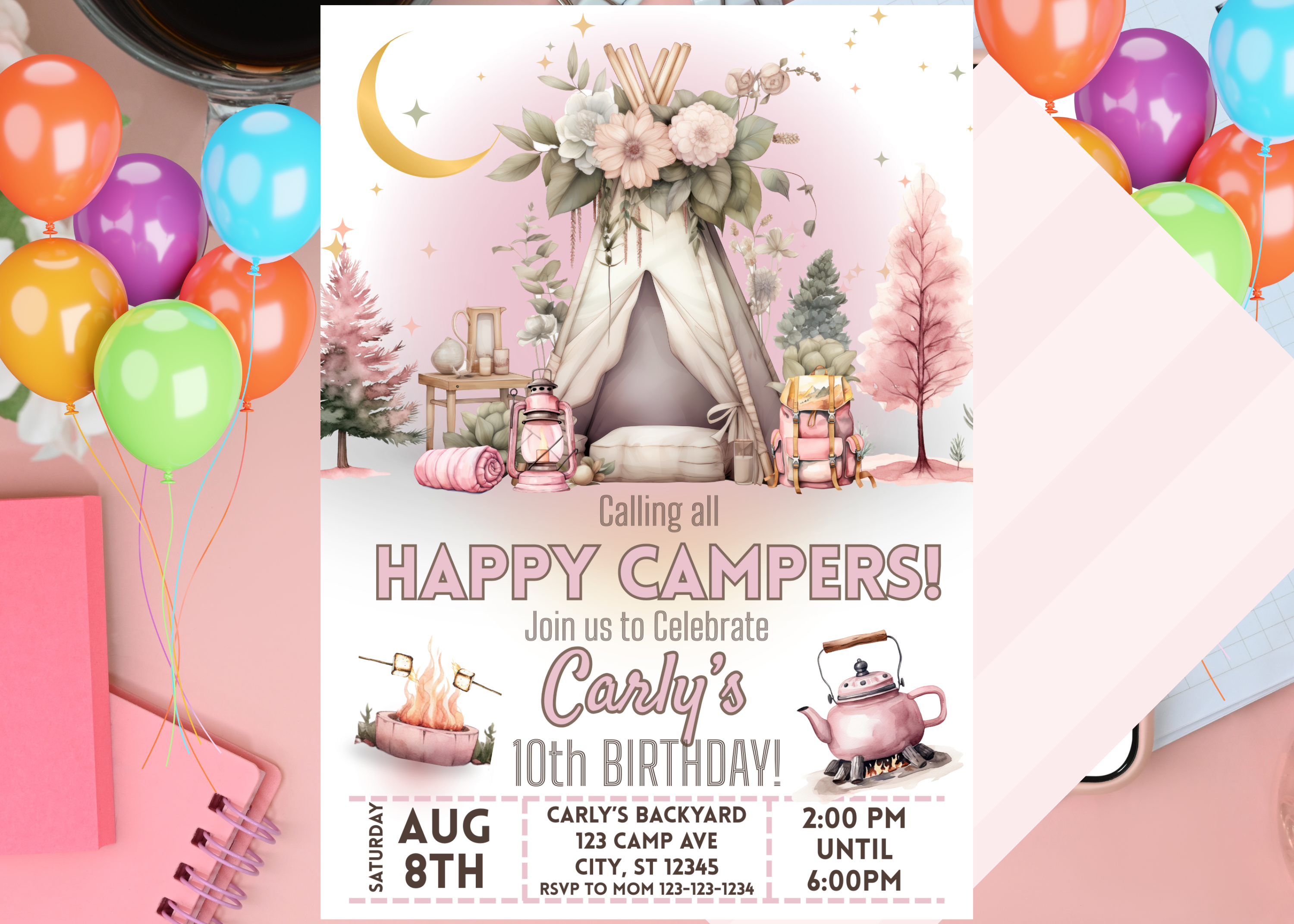 Pink Boho Camping Birthday Invitation Girl | Glamping Campout Party Invite | Editable Summer Forest Tent S'mores | Digital Download
