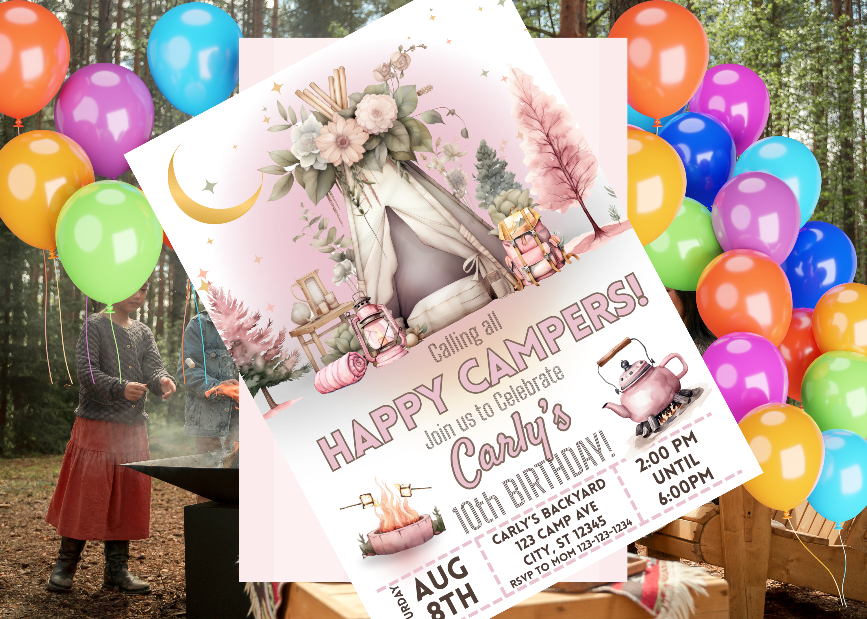 Pink Boho Camping Birthday Invitation Girl | Glamping Campout Party Invite | Editable Summer Forest Tent S'mores | Digital Download