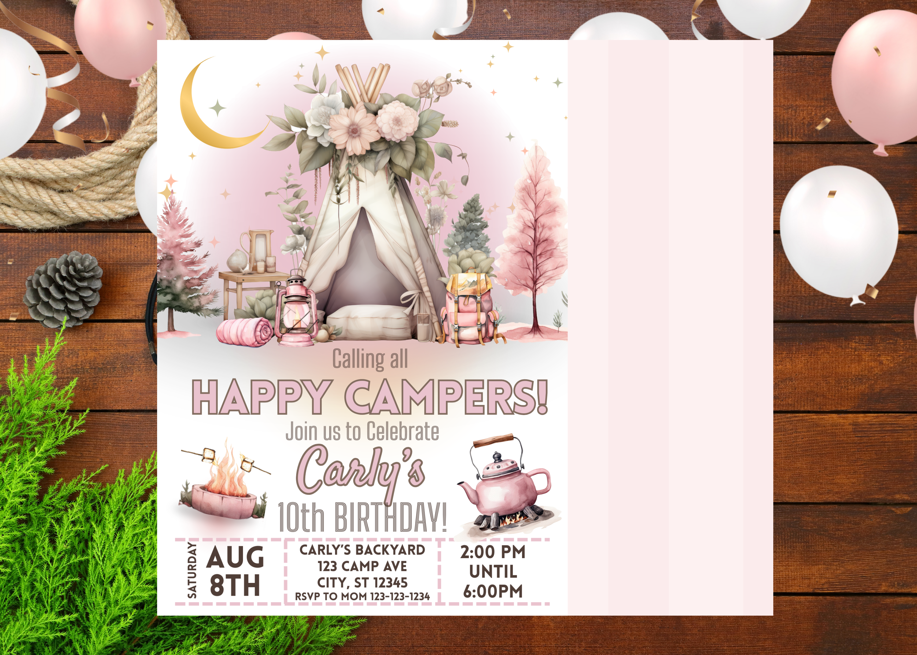 Pink Boho Camping Birthday Invitation Girl | Glamping Campout Party Invite | Editable Summer Forest Tent S'mores | Digital Download