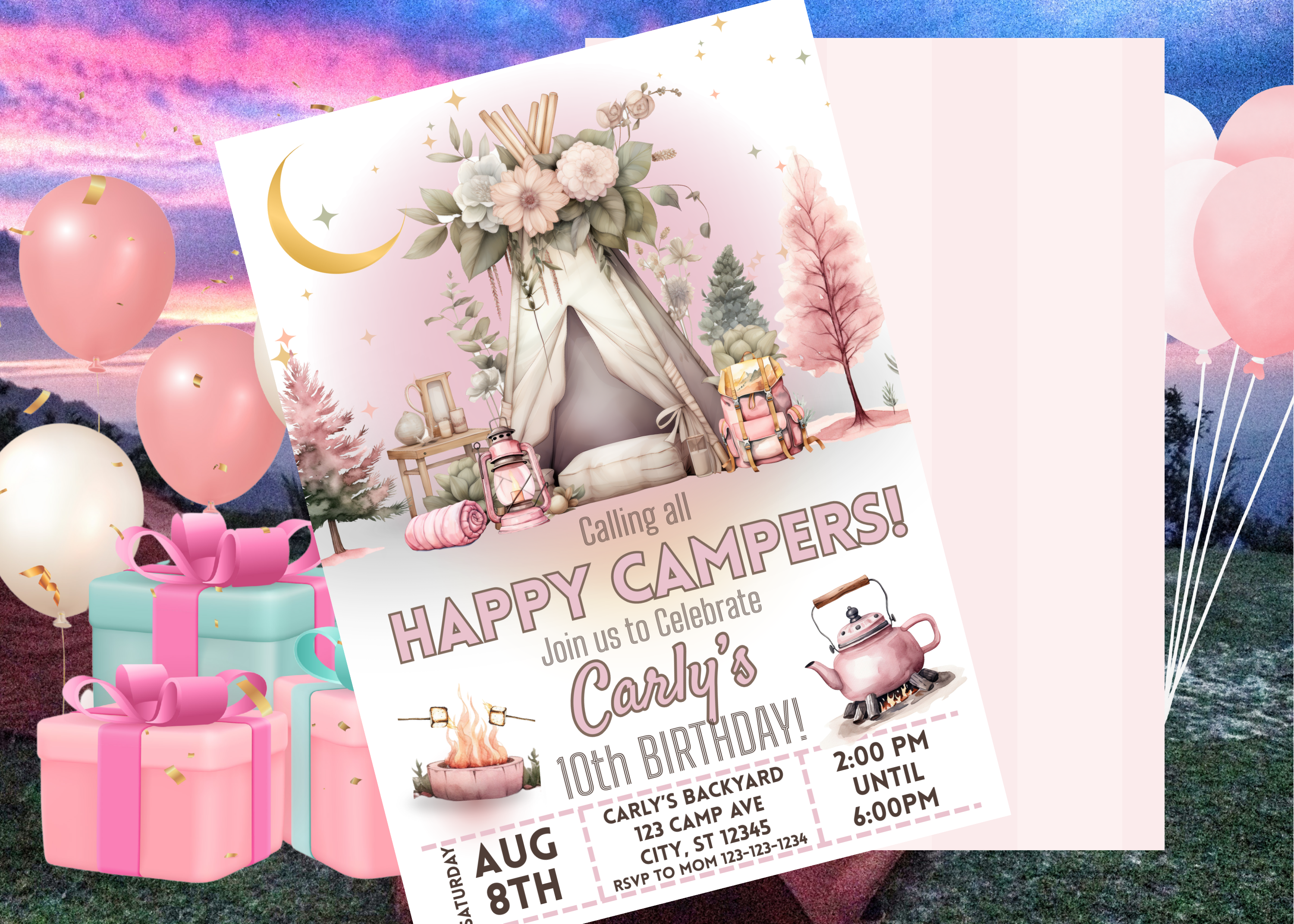 Pink Boho Camping Birthday Invitation Girl | Glamping Campout Party Invite | Editable Summer Forest Tent S'mores | Digital Download