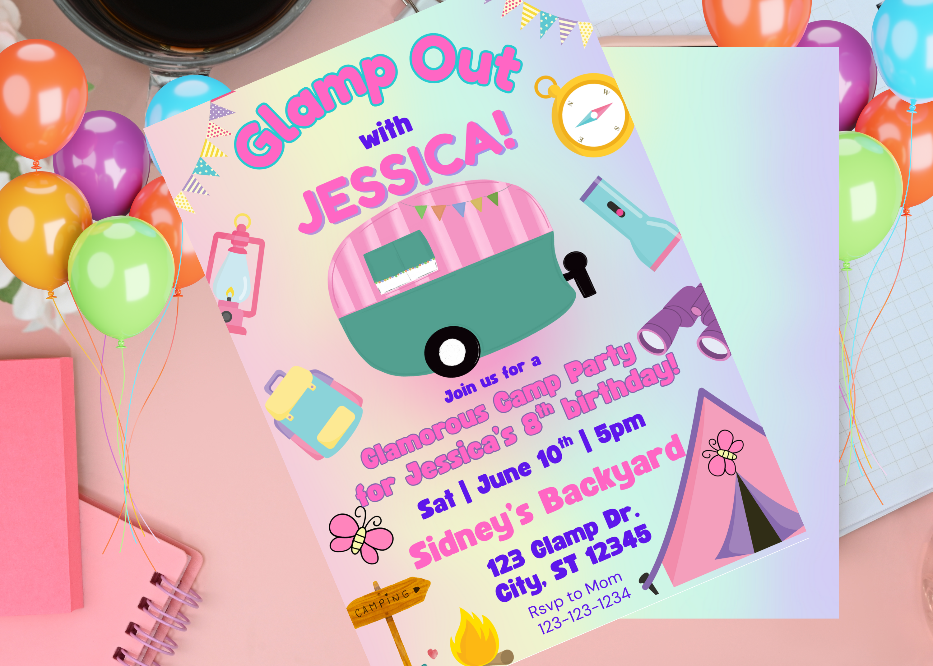 Glamping Camping Birthday Invitation Girl Camp Pink Invite, 2-Side Digital Download Canva Template