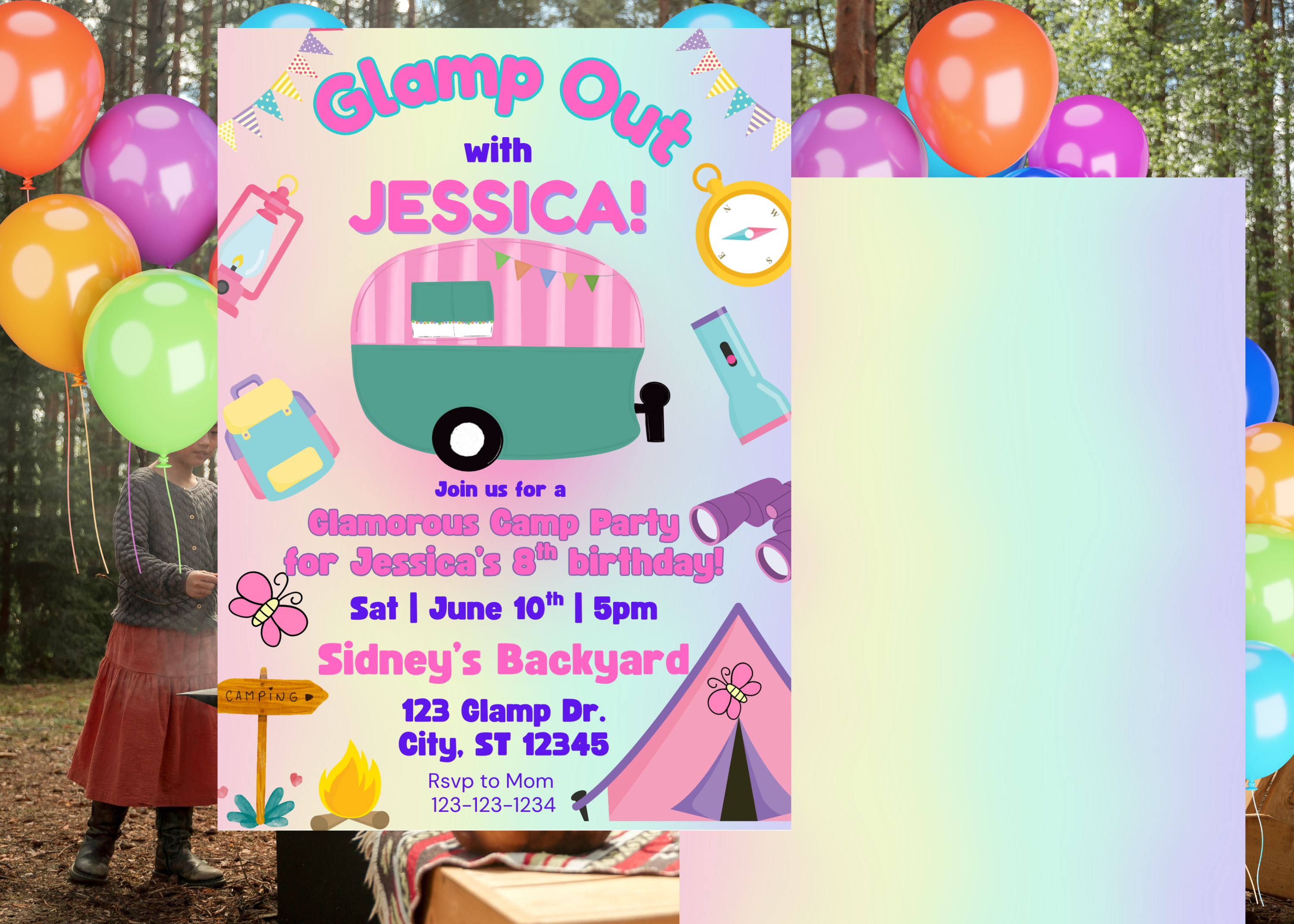 Glamping Camping Birthday Invitation Girl Camp Pink Invite, 2-Side Digital Download Canva Template