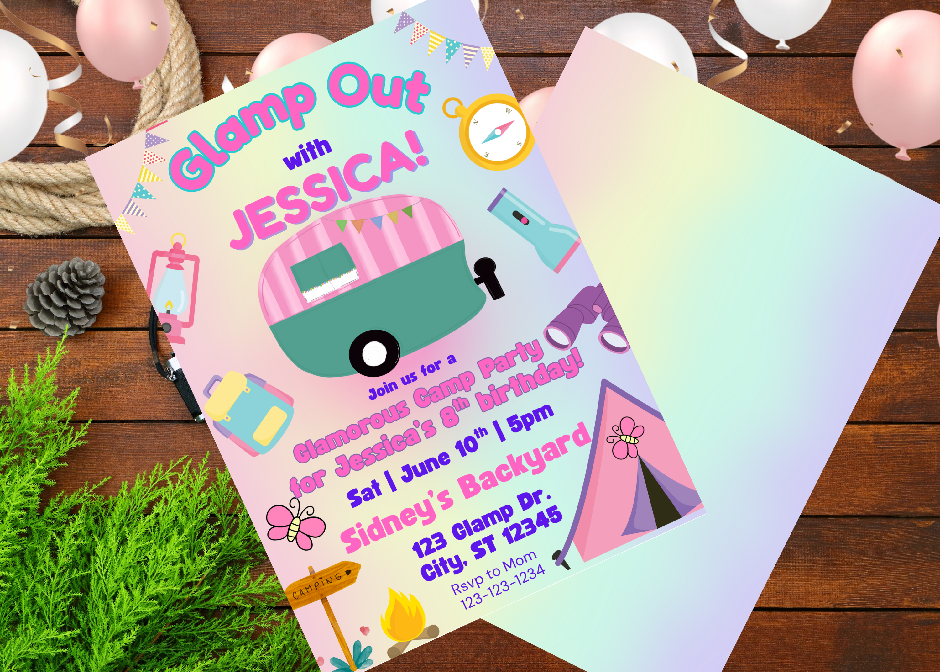 Glamping Camping Birthday Invitation Girl Camp Pink Invite, 2-Side Digital Download Canva Template