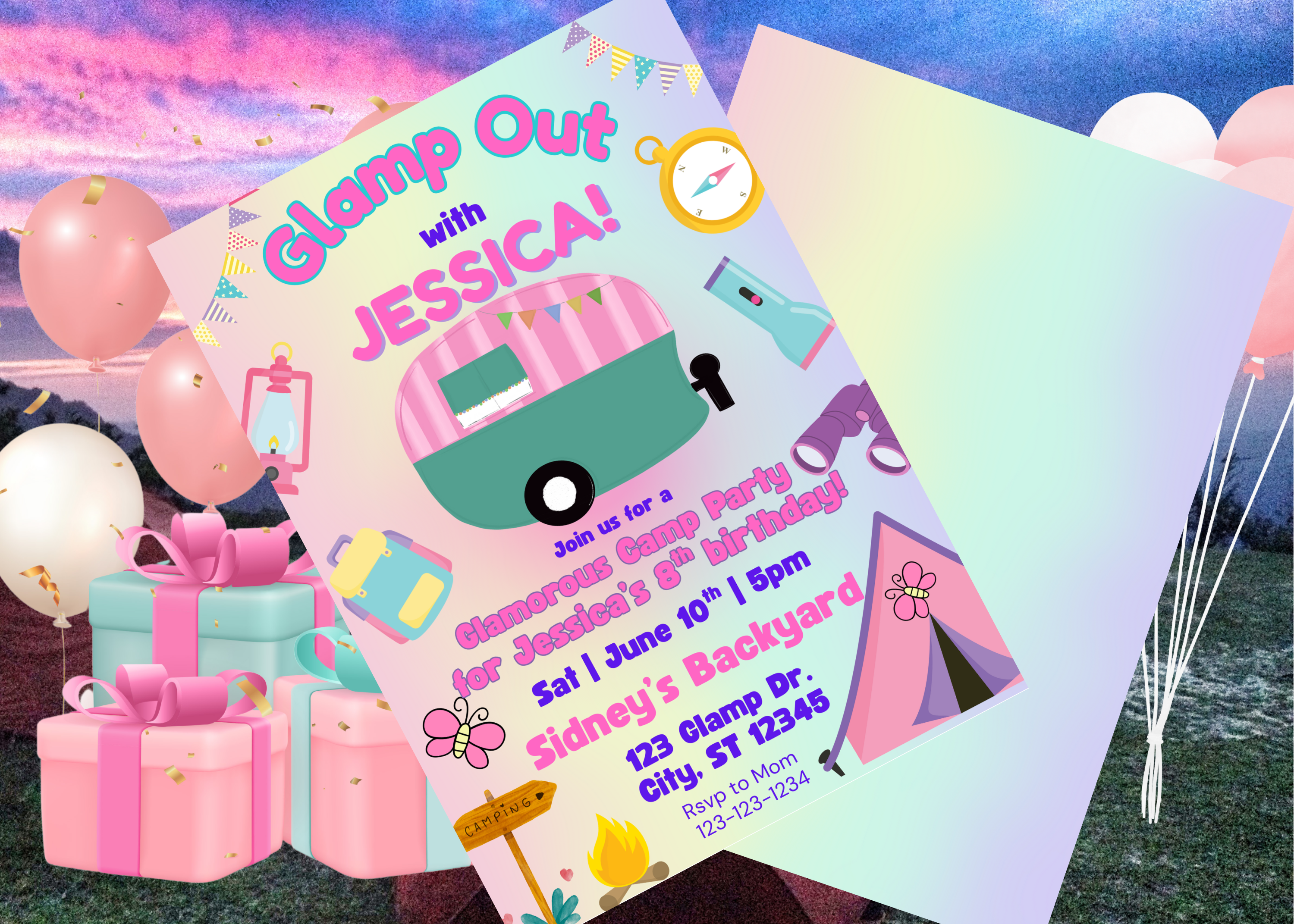 Glamping Camping Birthday Invitation Girl Camp Pink Invite, 2-Side Digital Download Canva Template