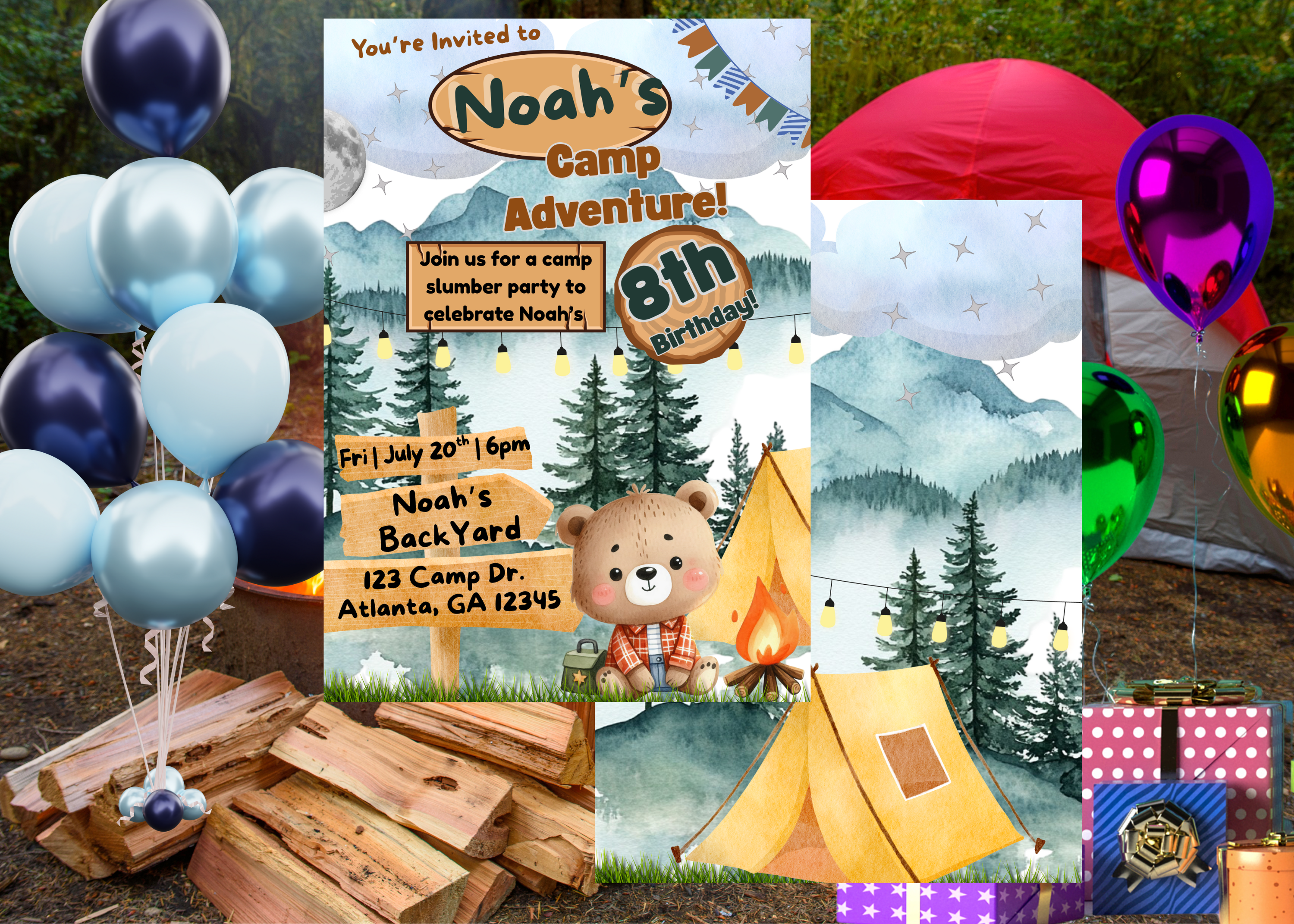Backyard Campout Birthday Invitation Template for Boys, Editable Camping Party Invite, S'mores Campfire, Tent Design, Forest Camp Birthday