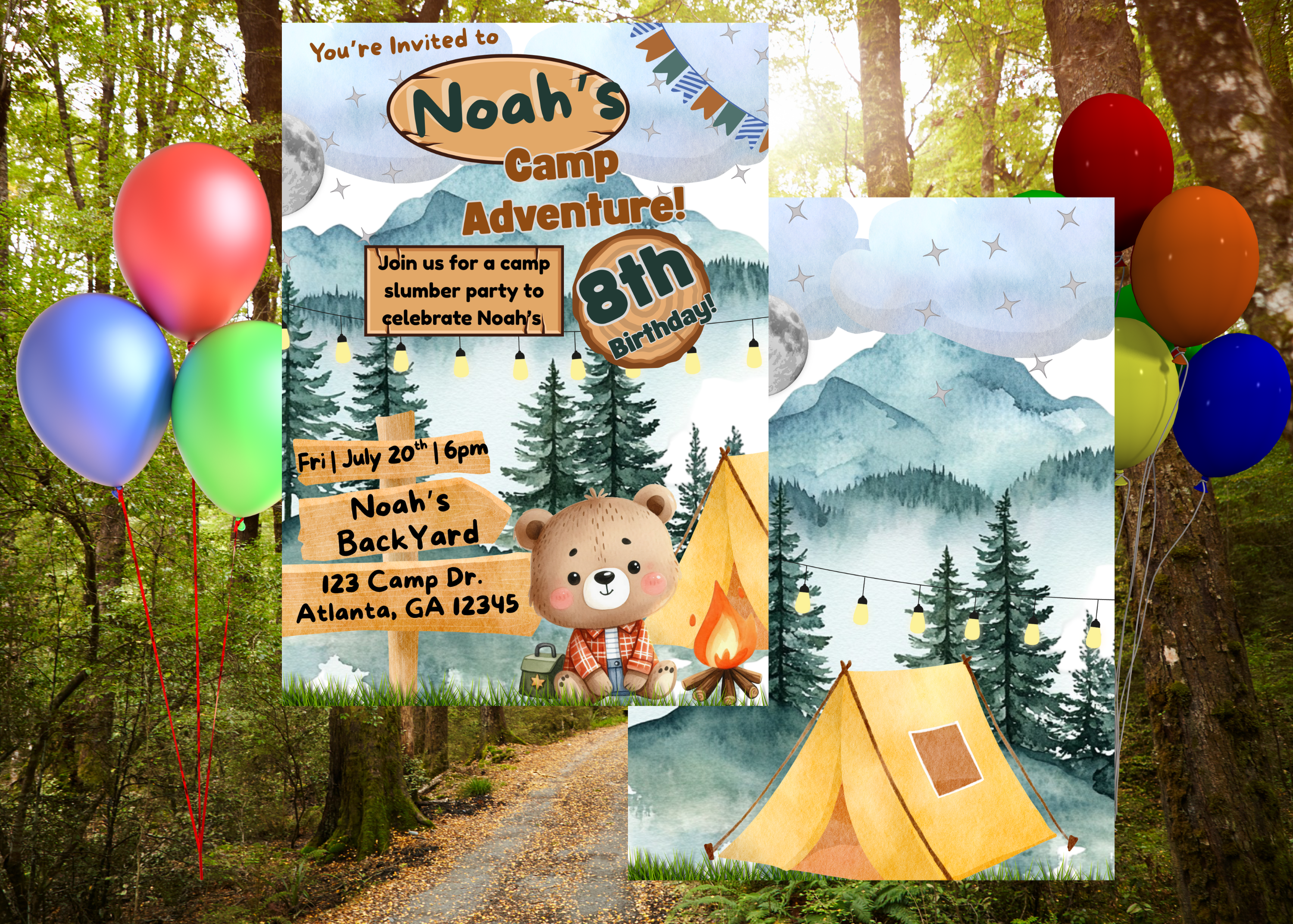 Backyard Campout Birthday Invitation Template for Boys, Editable Camping Party Invite, S'mores Campfire, Tent Design, Forest Camp Birthday