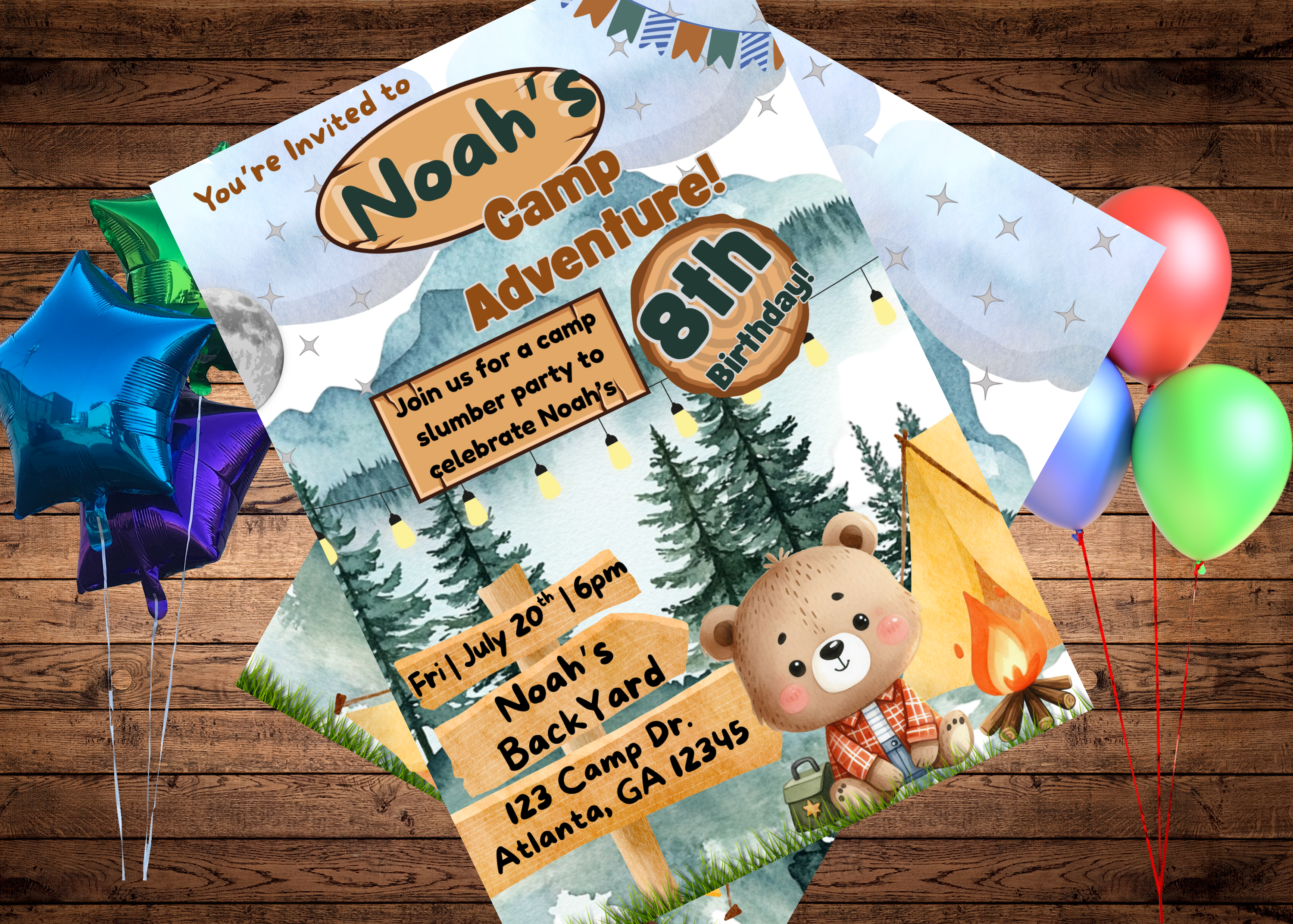 Backyard Campout Birthday Invitation Template for Boys, Editable Camping Party Invite, S'mores Campfire, Tent Design, Forest Camp Birthday