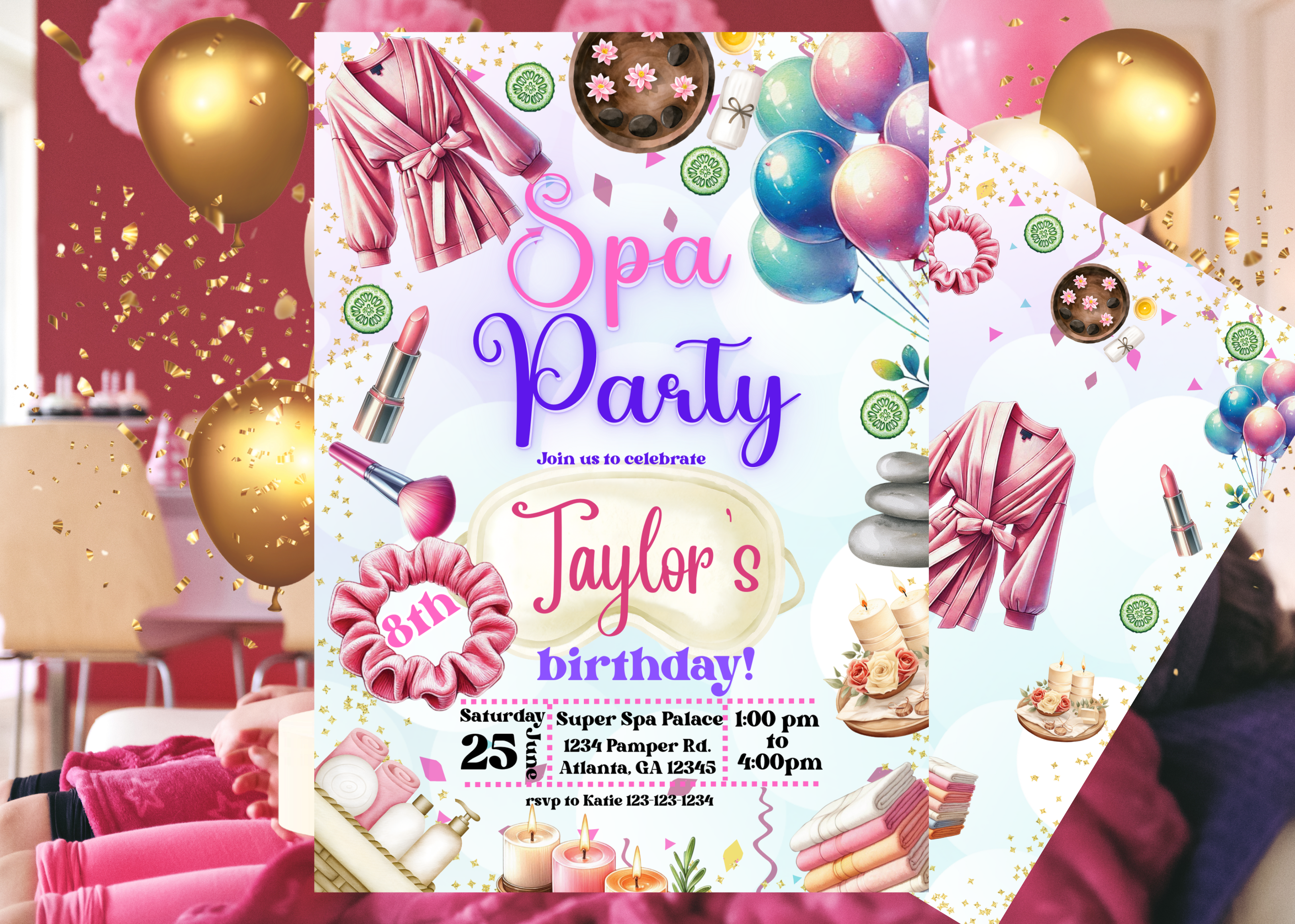 Spa Party Invitation for Girls | Tween Birthday Spa Party Invite, Editable Canva Template, Pamper Glam Birthday Celebration