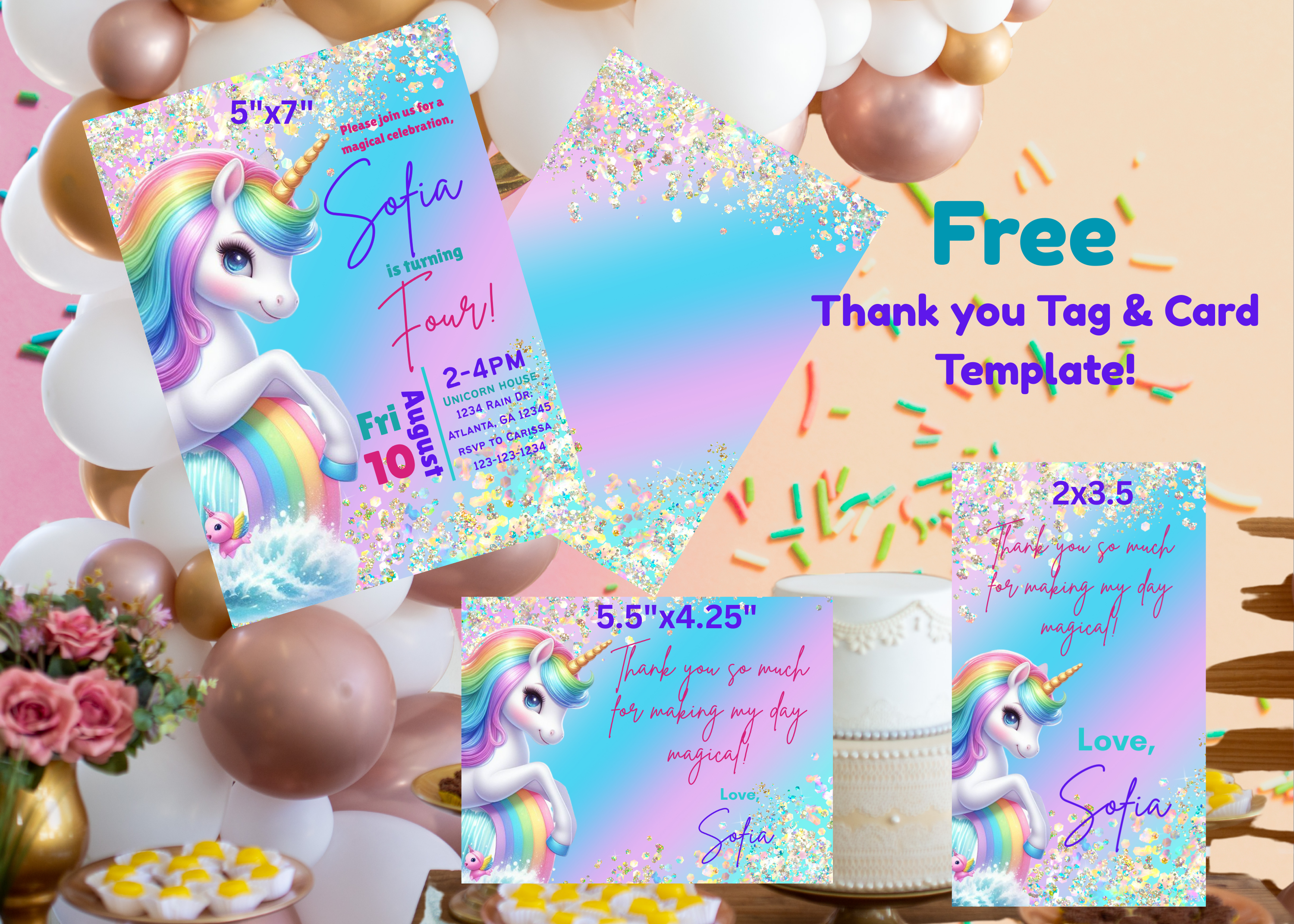 Unicorn Birthday Invitation | Pastel Rainbow Party Invite | Sparkle Design | Downloadable Printable Canva Template for Girls